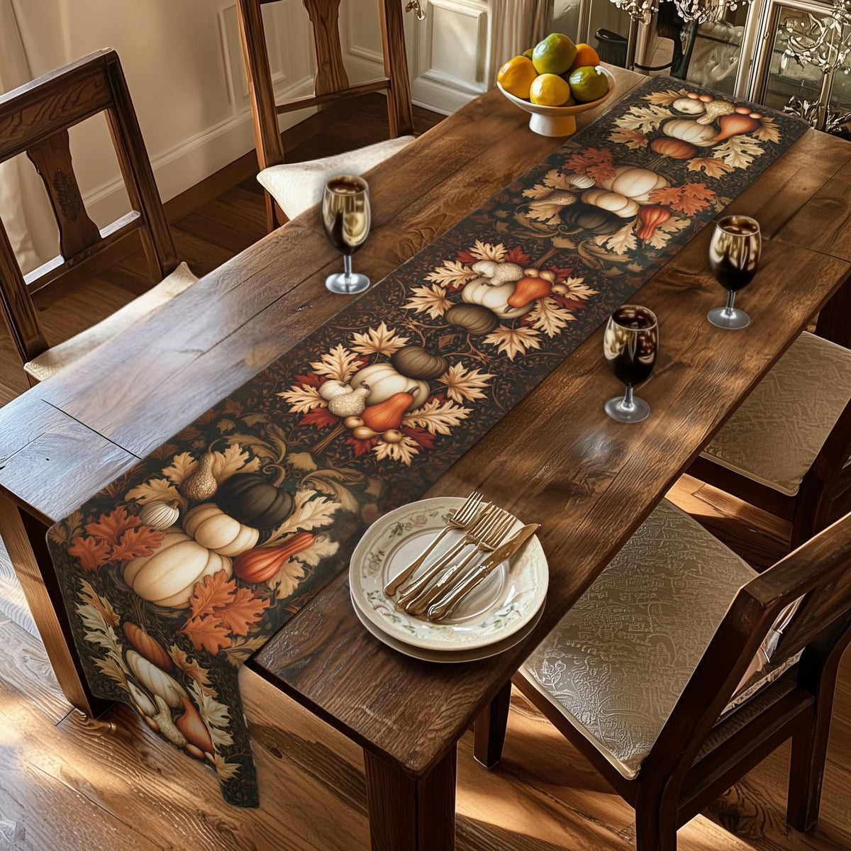 William Morris Pumpkin Patch Table Runner: Cream, Orange, Brown Fall Dining Decor