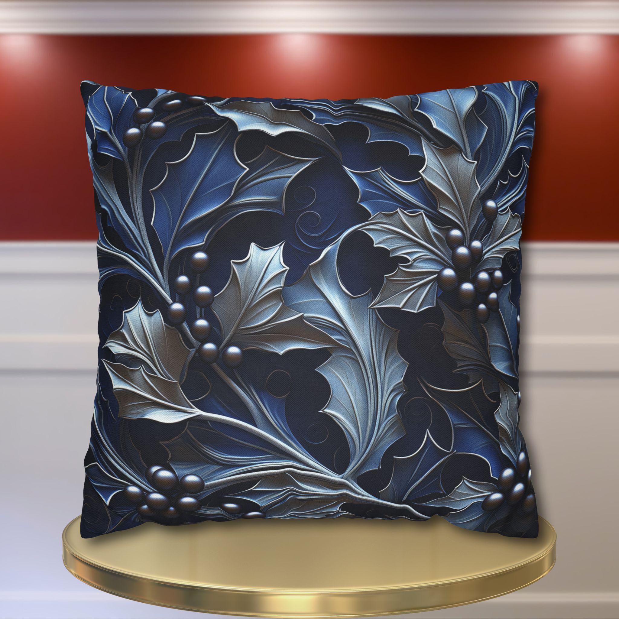 Elegant Silver & Blue Holly Leaf Christmas Pillow Cover - Moody Contemporary Holiday Decor