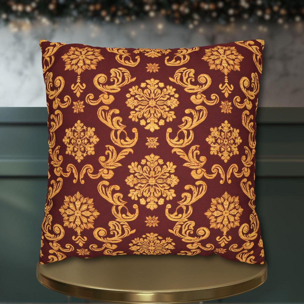 Elegant Golden Snowflake Pillow Cover: Deep Red Regal Holiday Accent