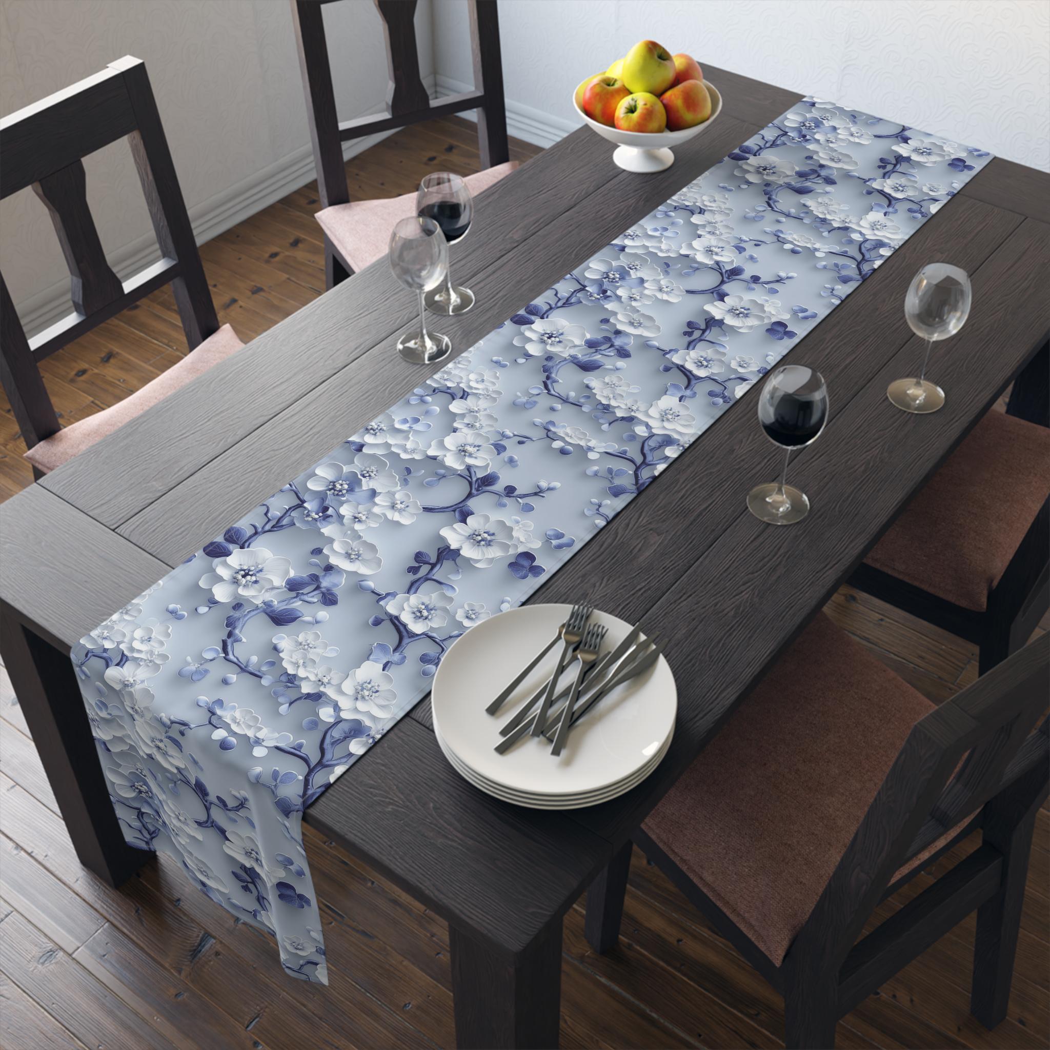 Chinoiserie Table Runner | Blue & White Cherry Blossoms | Elegant Floral Design