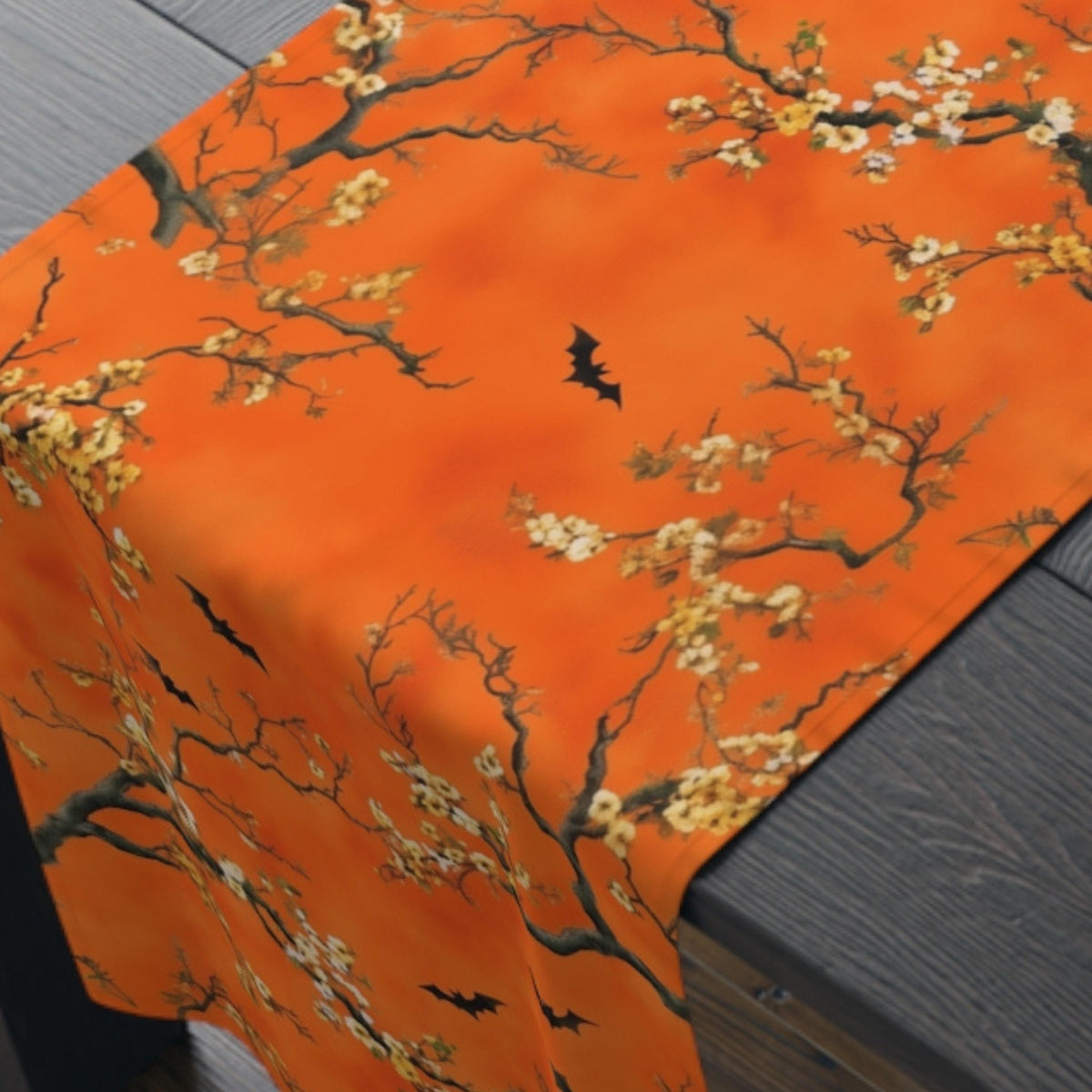 Halloween Chinoiserie Table Runner: Bright Orange with Bats and Blossoms  Decor