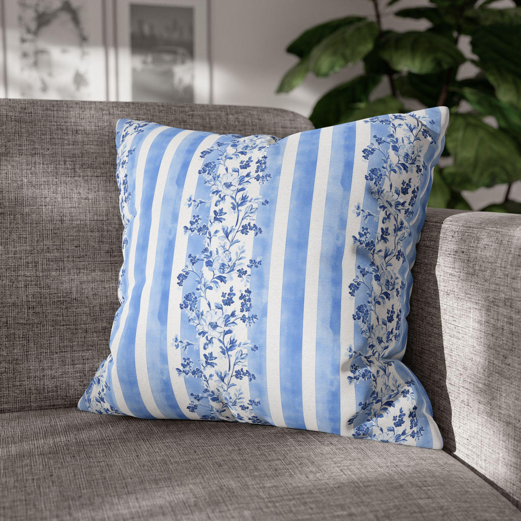 French Country Pillowcase: Blue & White Floral Striped Cushion Cover