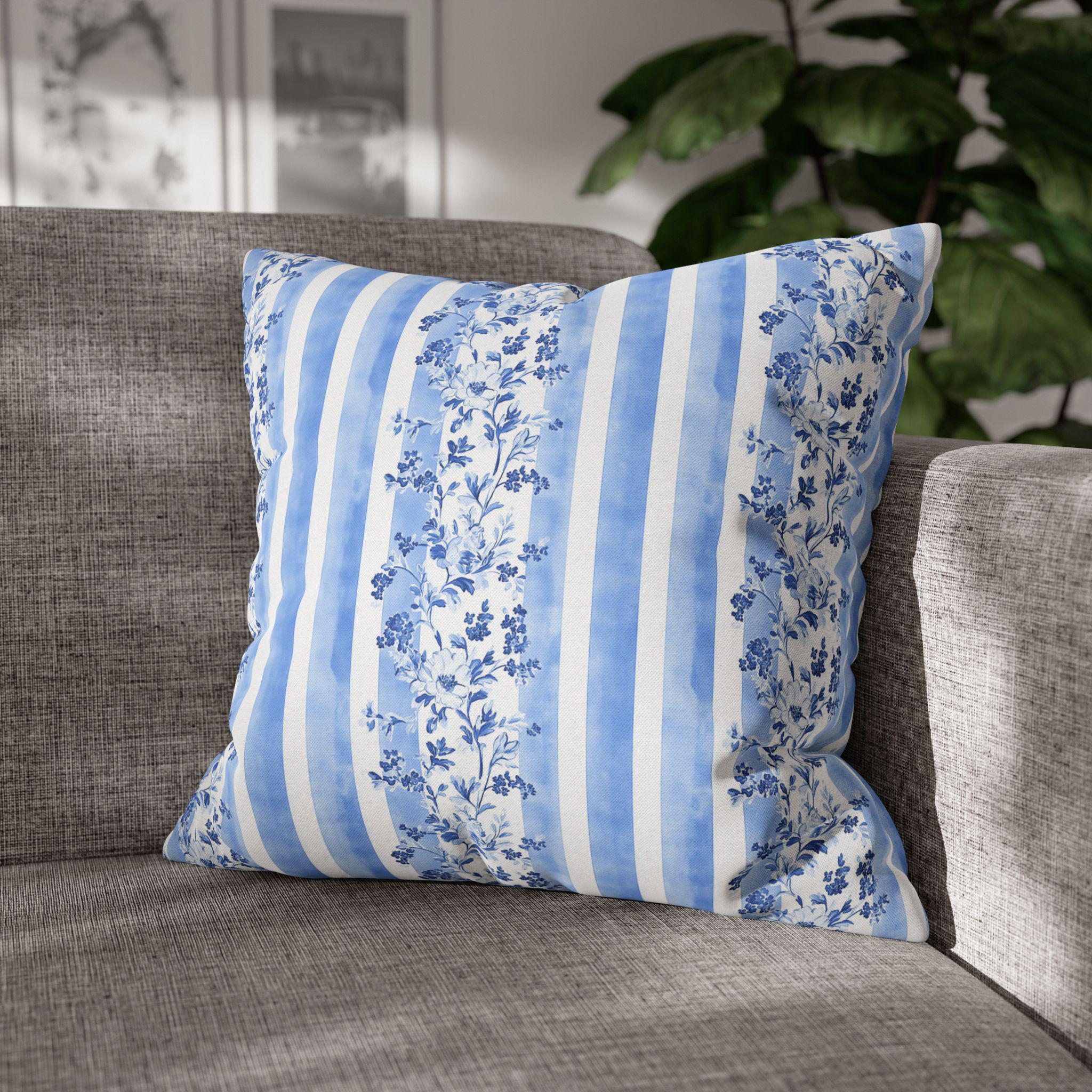 French Country Pillowcase: Blue & White Floral Striped Cushion Cover