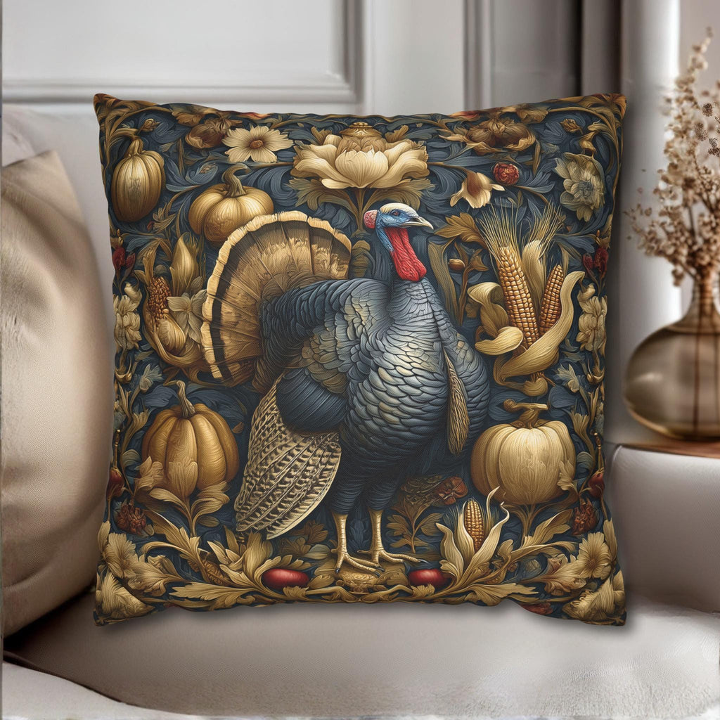 William Morris Autumn Pillow Cover: Botanical Thanksgiving Turkey Decor, Grey-Blue and Gold