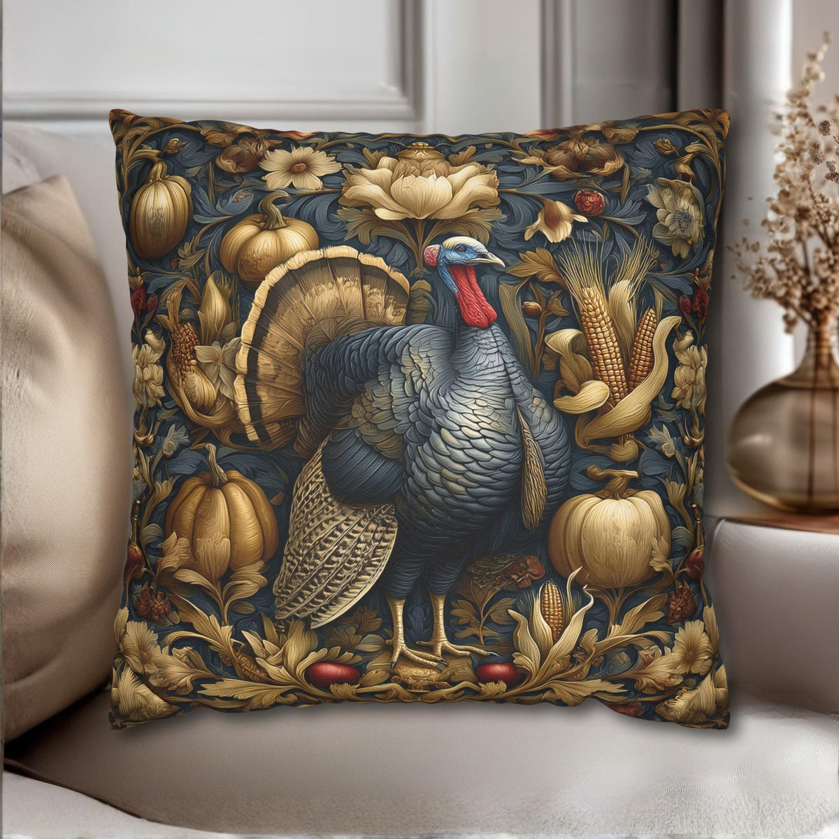 William Morris Autumn Pillow Cover: Botanical Thanksgiving Turkey Decor, Grey-Blue and Gold
