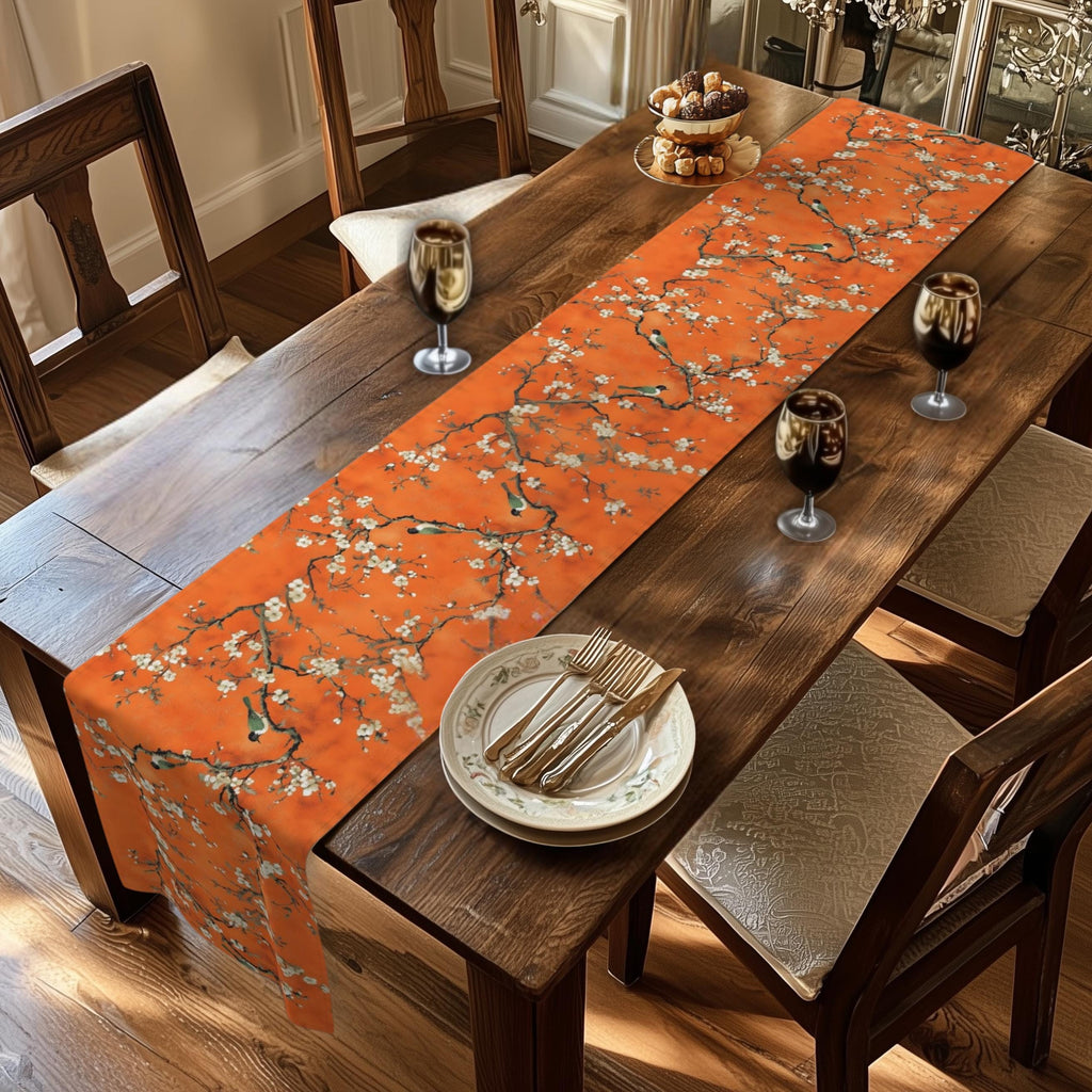 Chinoiserie Table Runner:  Burnt Orange with White Blossoms and Birds for Asian-Inspired Decor