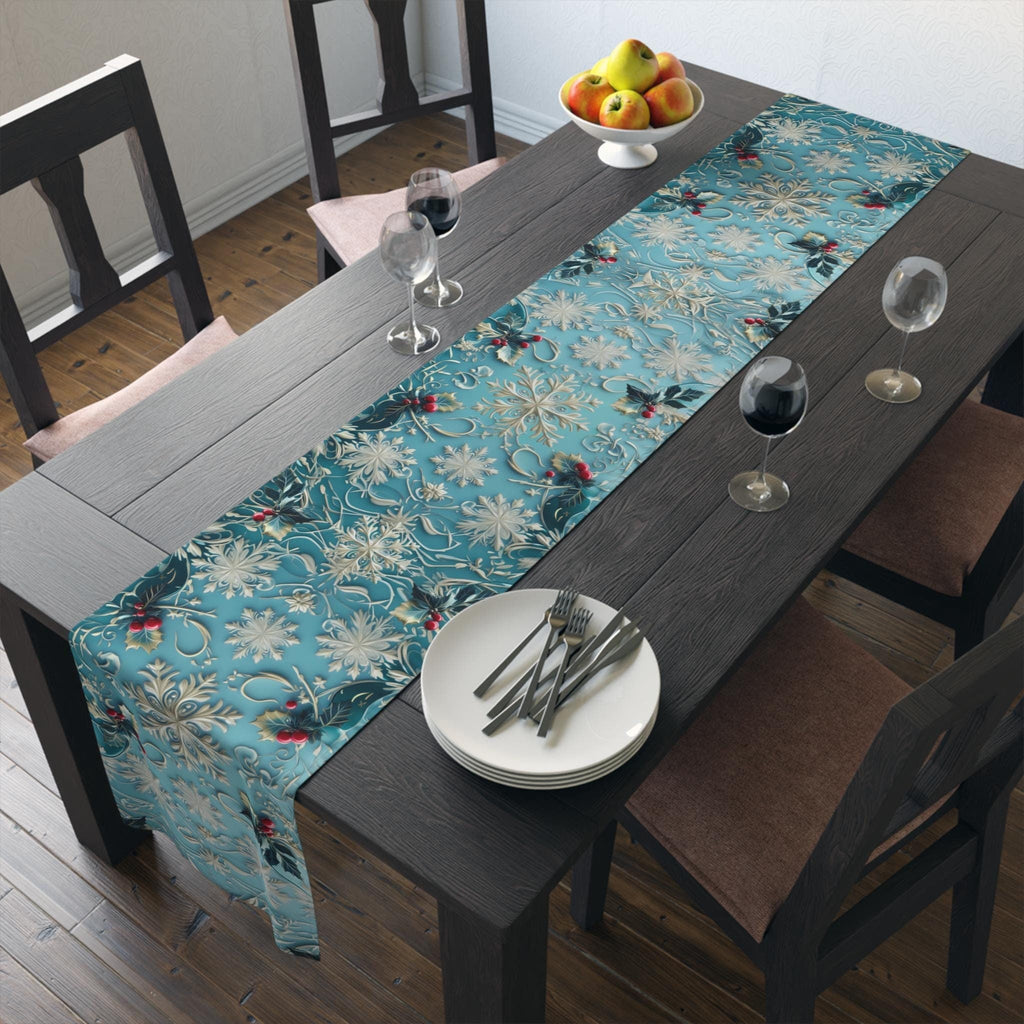 Elegant Blue Christmas Table Runner with Snowflakes, Holly Leaves, and Berries for Festive Dining