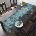 Elegant Blue Christmas Table Runner with Snowflakes, Holly Leaves, and Berries for Festive Dining