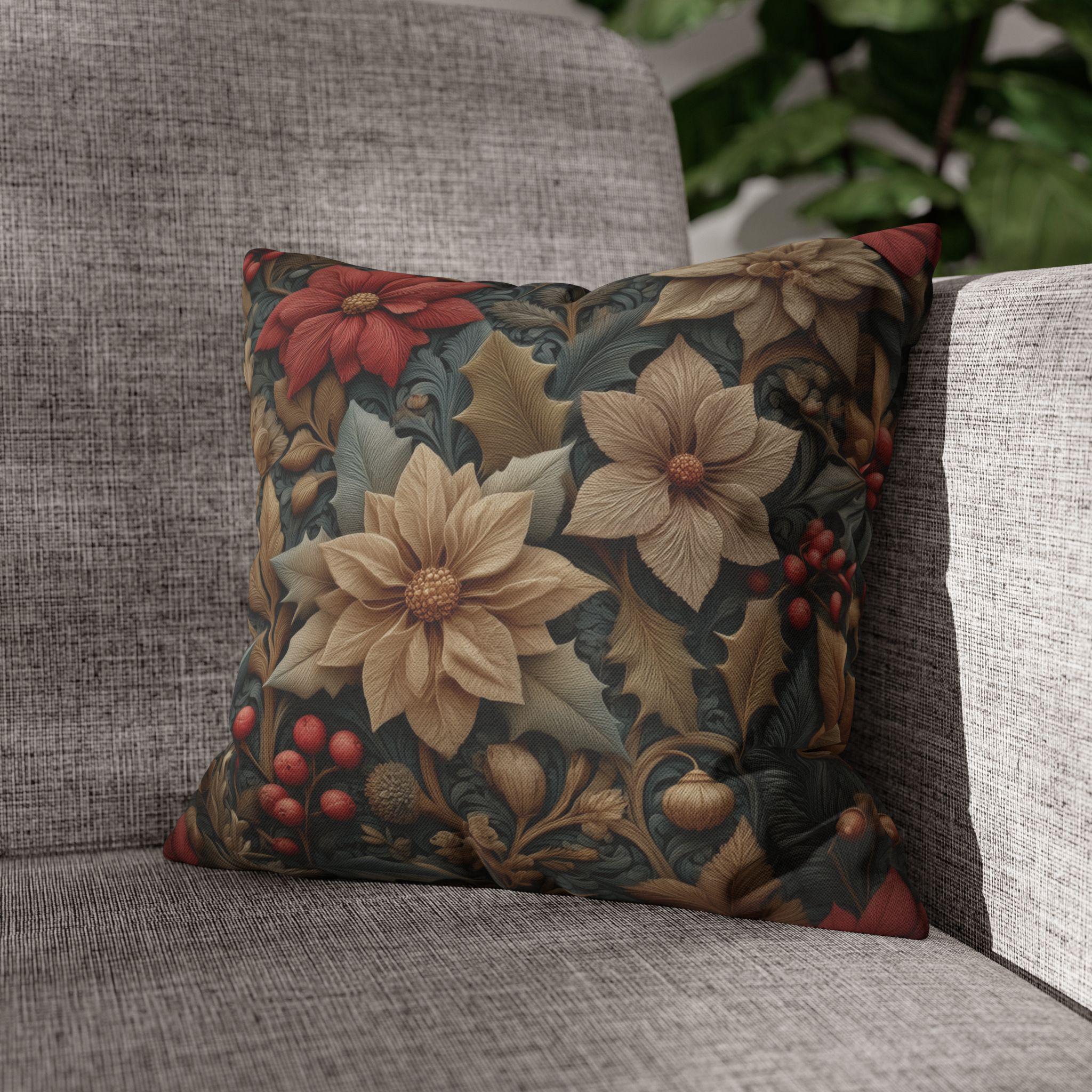 William Morris Christmas Pillow Cover: Wine & Pale Taupe Poinsettias with Clay on Gray Background