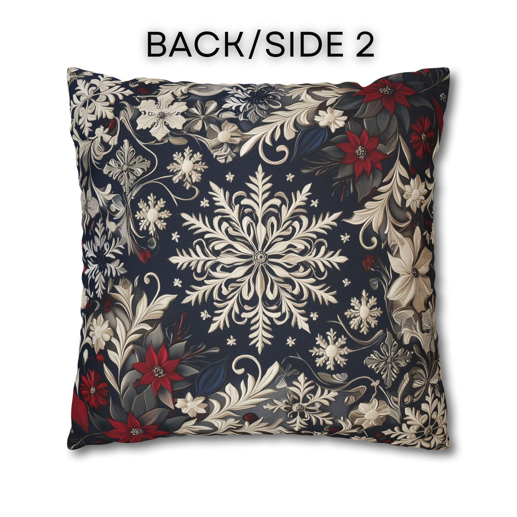 Christmas Snowflake & Poinsettia Pillow Cover: Navy Blue Cream and Garnet Red Cushion Case