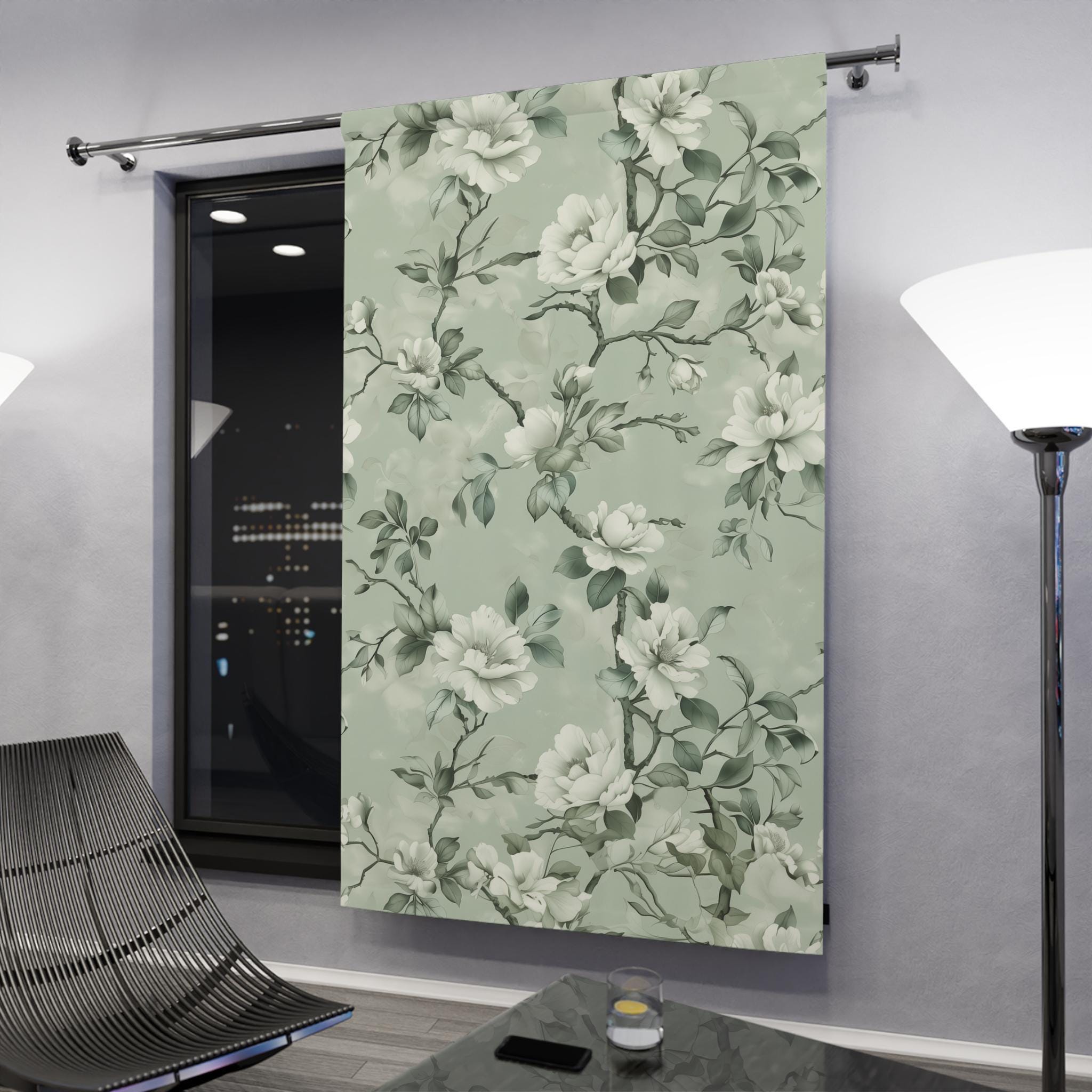 Elegant White Magnolia Blackout Curtain with Mint Green Background - Floral Window Decor panel
