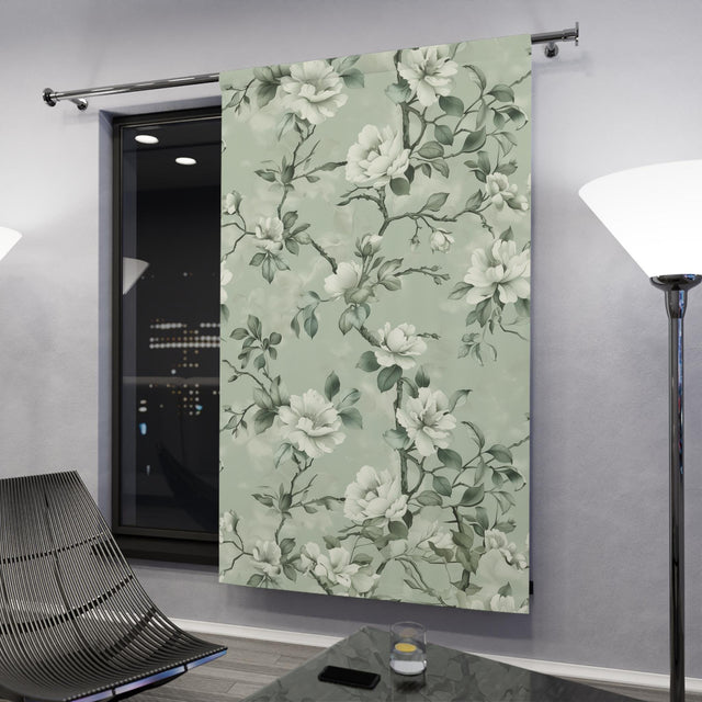 Elegant White Magnolia Blackout Curtain with Mint Green Background - Floral Window Decor panel