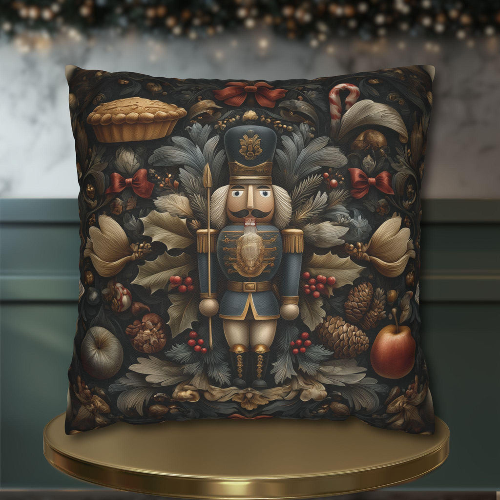 William Morris Inspired Nutcracker Christmas Pillow: Elegant Holiday Decor in Gray-Green, Gold & Red