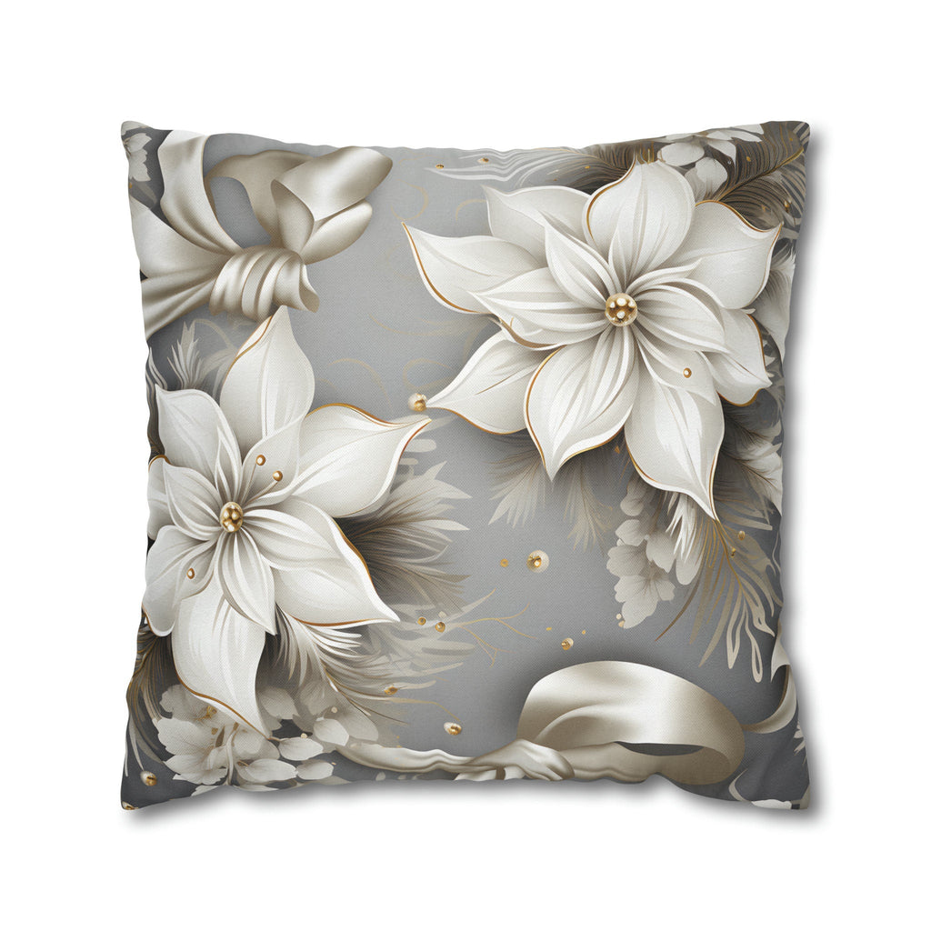 Elegant White Poinsettia Silver Ribbon Pillow Cover: Luxurious Holiday Decor for Couch