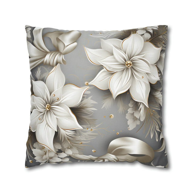 Elegant White Poinsettia Silver Ribbon Pillow Cover: Luxurious Holiday Decor for Couch