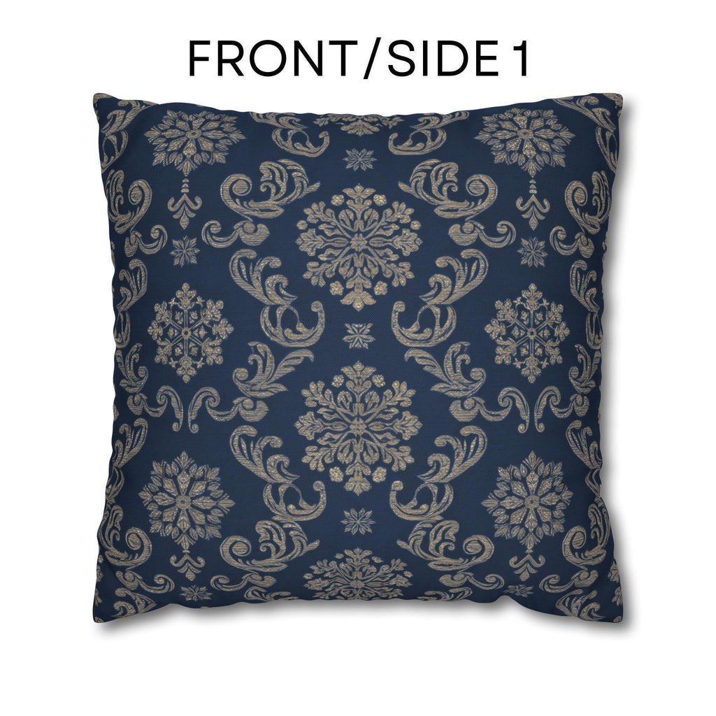Elegant Silver Snowflake Pillow Cover: Deep Blue Holiday Decor
