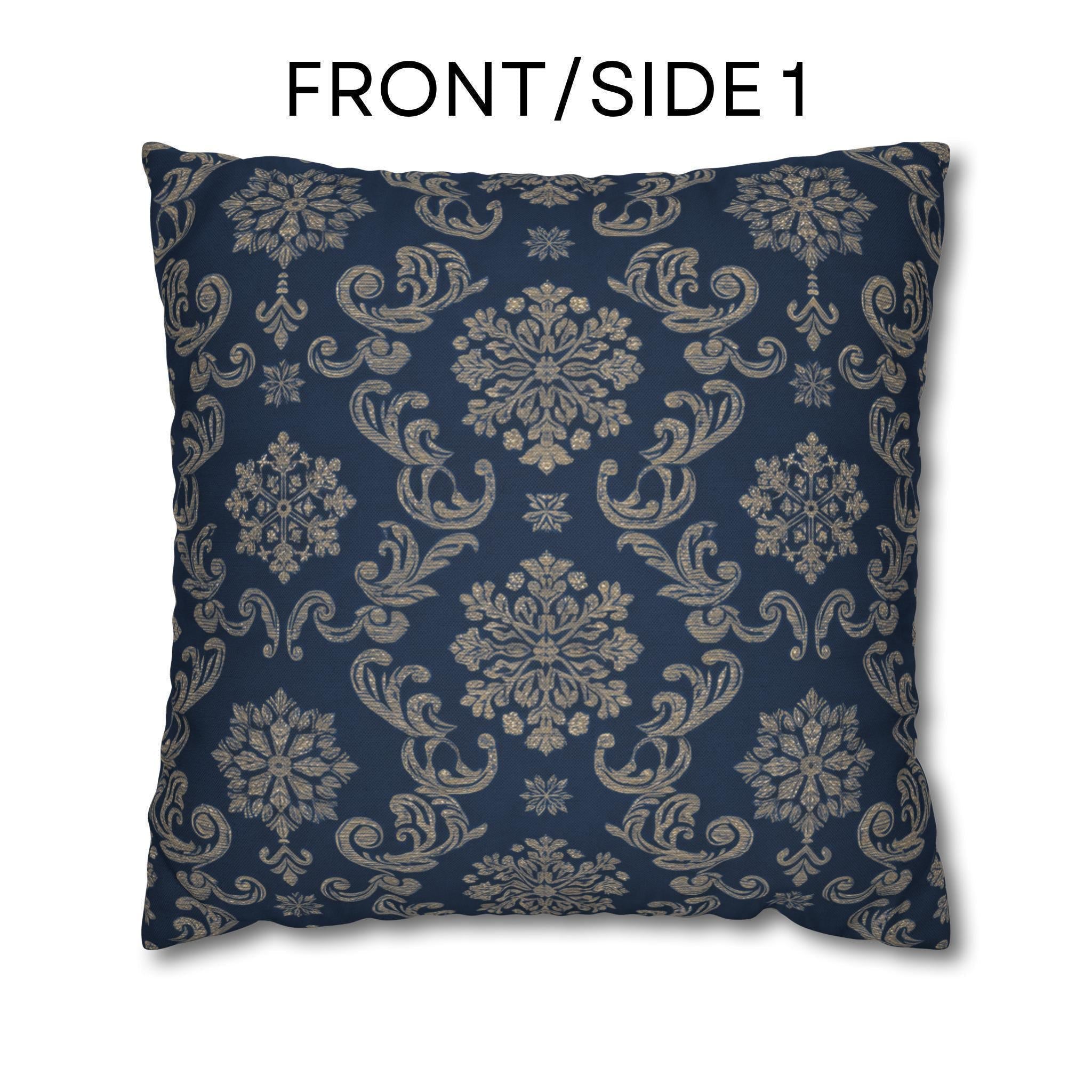 Elegant Silver Snowflake Pillow Cover: Deep Blue Holiday Decor