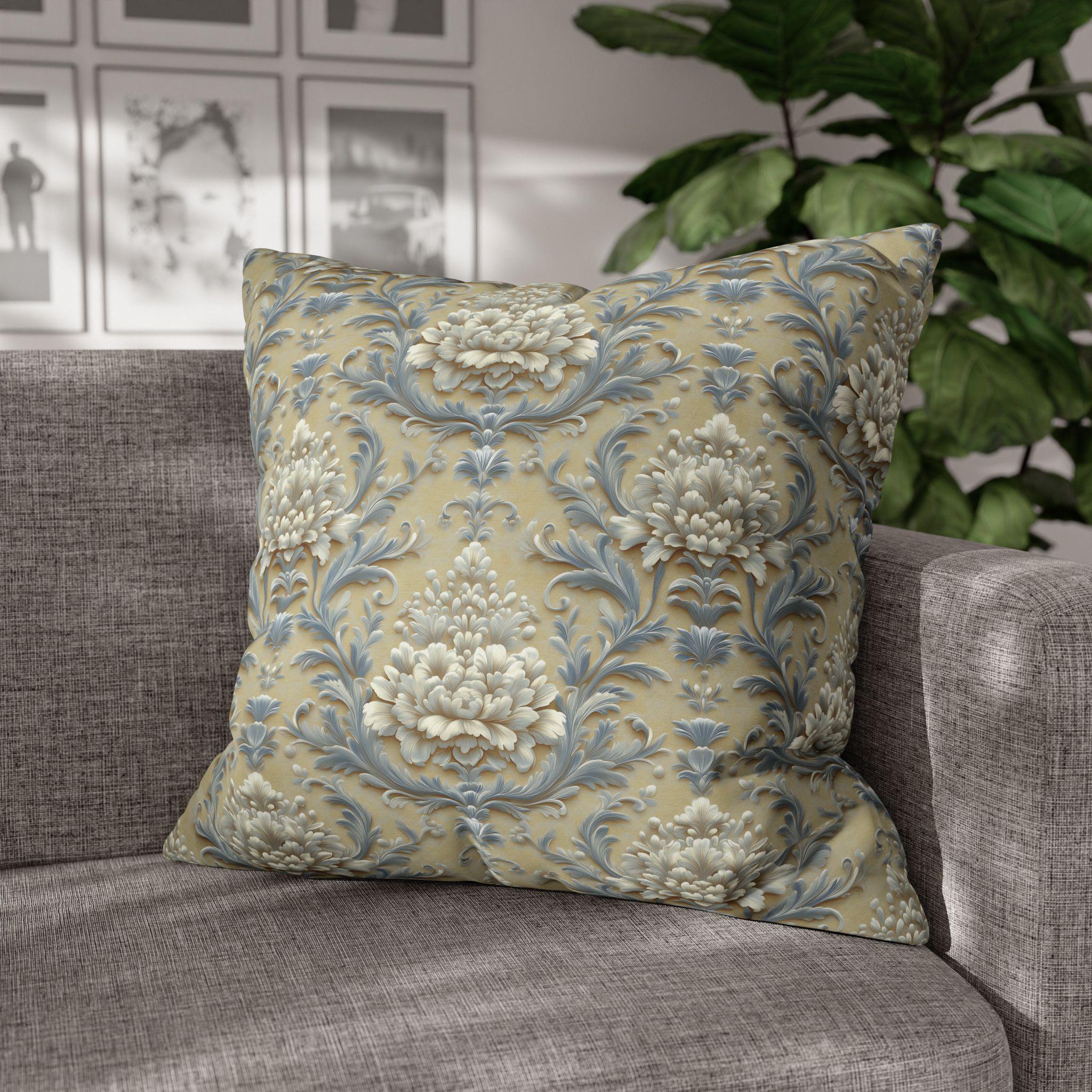Damask Floral Pillow Cover: Blue & Gold Cushion Case - Classic Decor