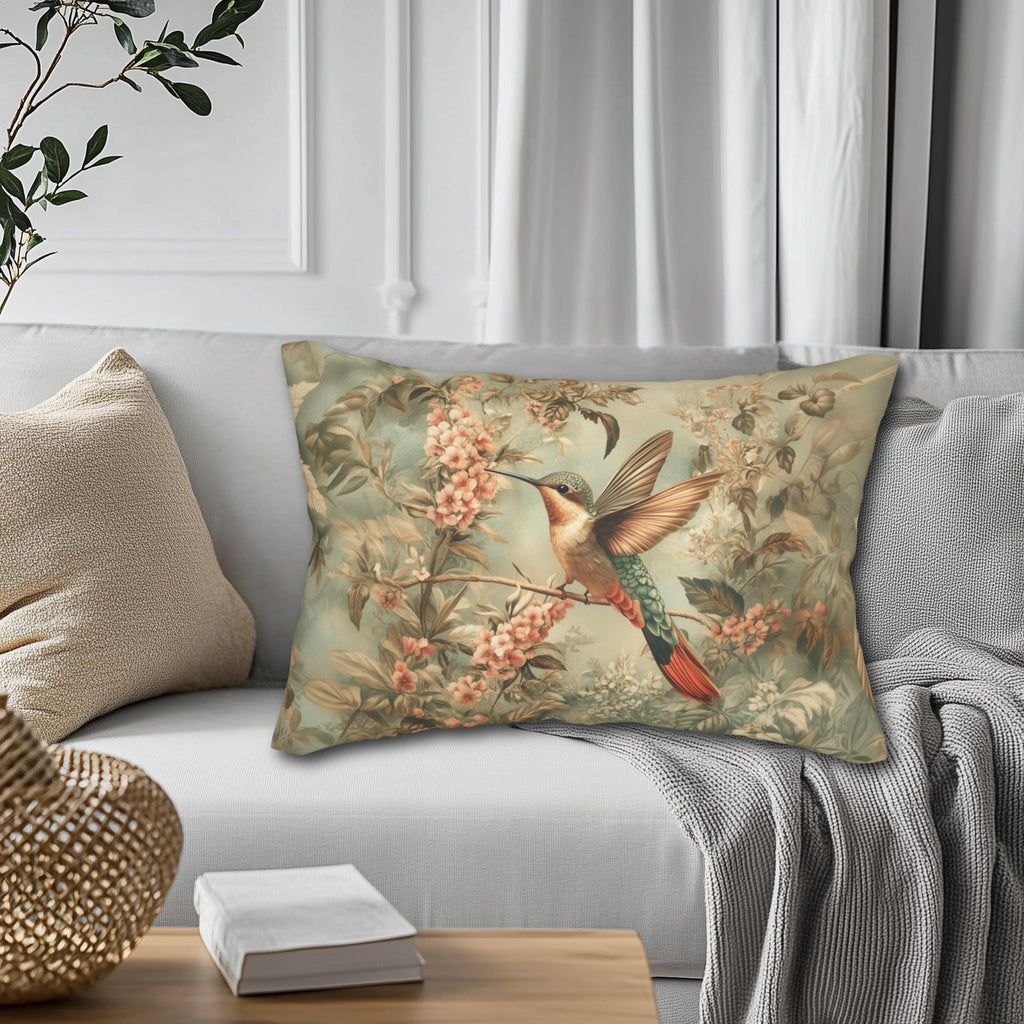 William Morris Botanical  Lumbar Pillow: Sage Blush Teal Hummingbird Arts & Crafts Accent