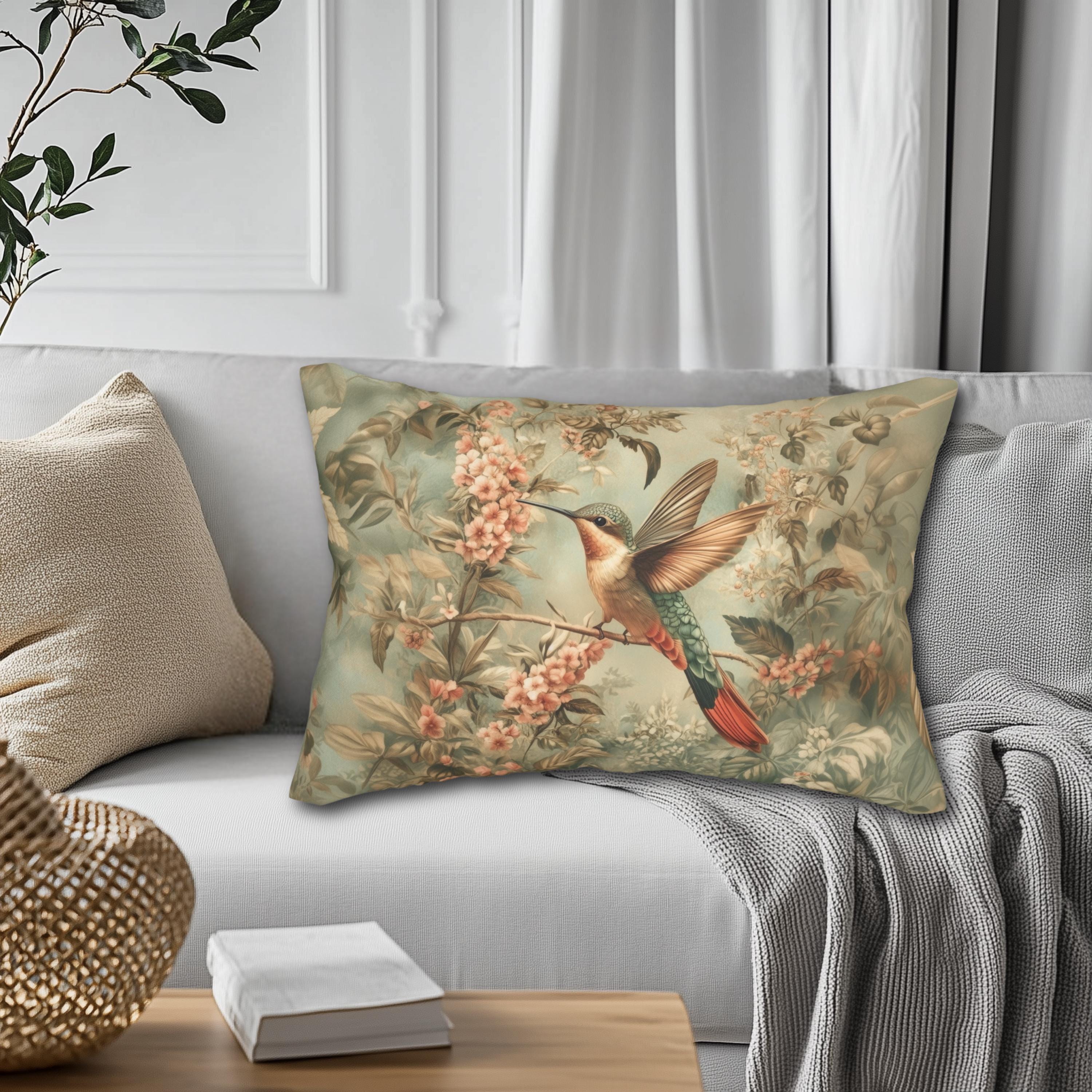 William Morris Botanical  Lumbar Pillow: Sage Blush Teal Hummingbird Arts & Crafts Accent