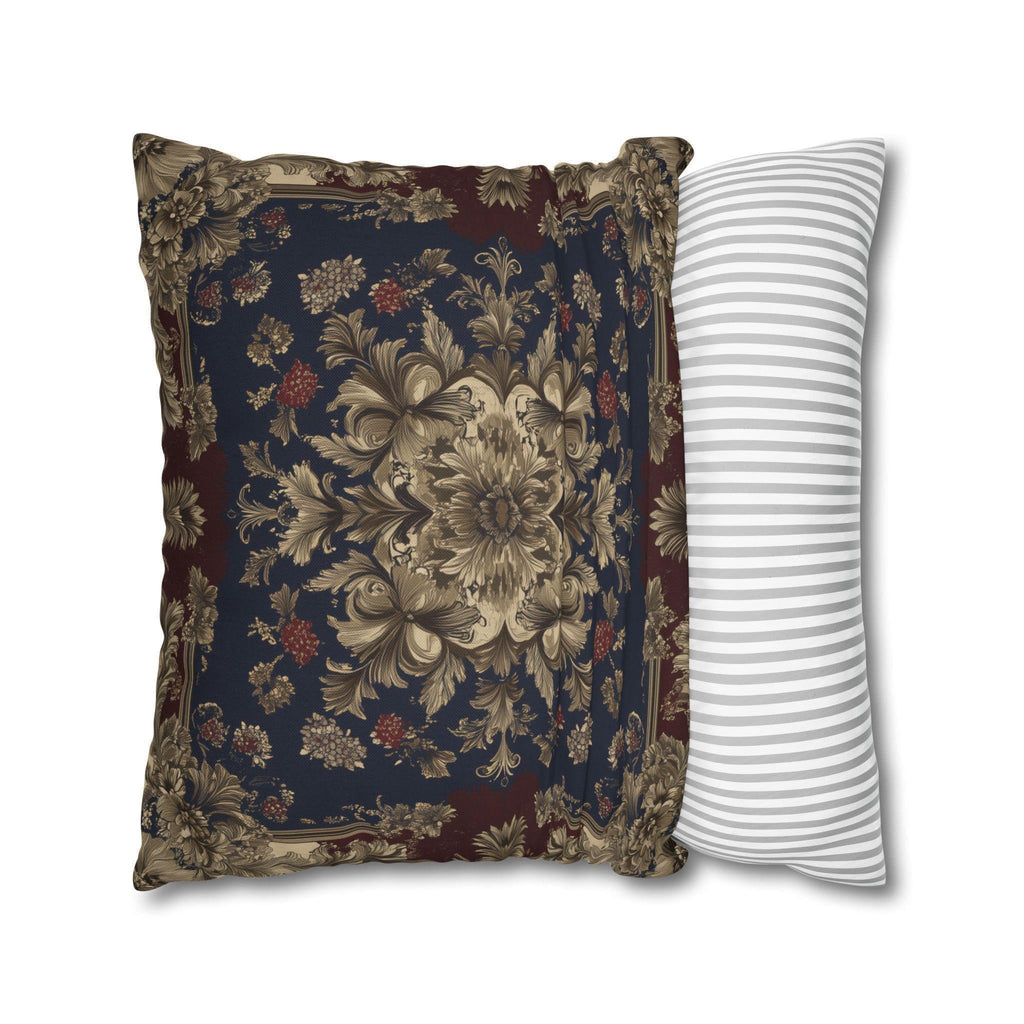 Elegant Vintage-Inspired Tapestry Pillow Cover: Gold Floral Medallion on Navy and Burgundy