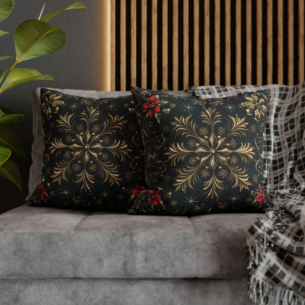 Victorian Christmas Throw Pillow Cover: Gold and Navy Snowflake & Poinsettia Holiday Accent Decor
