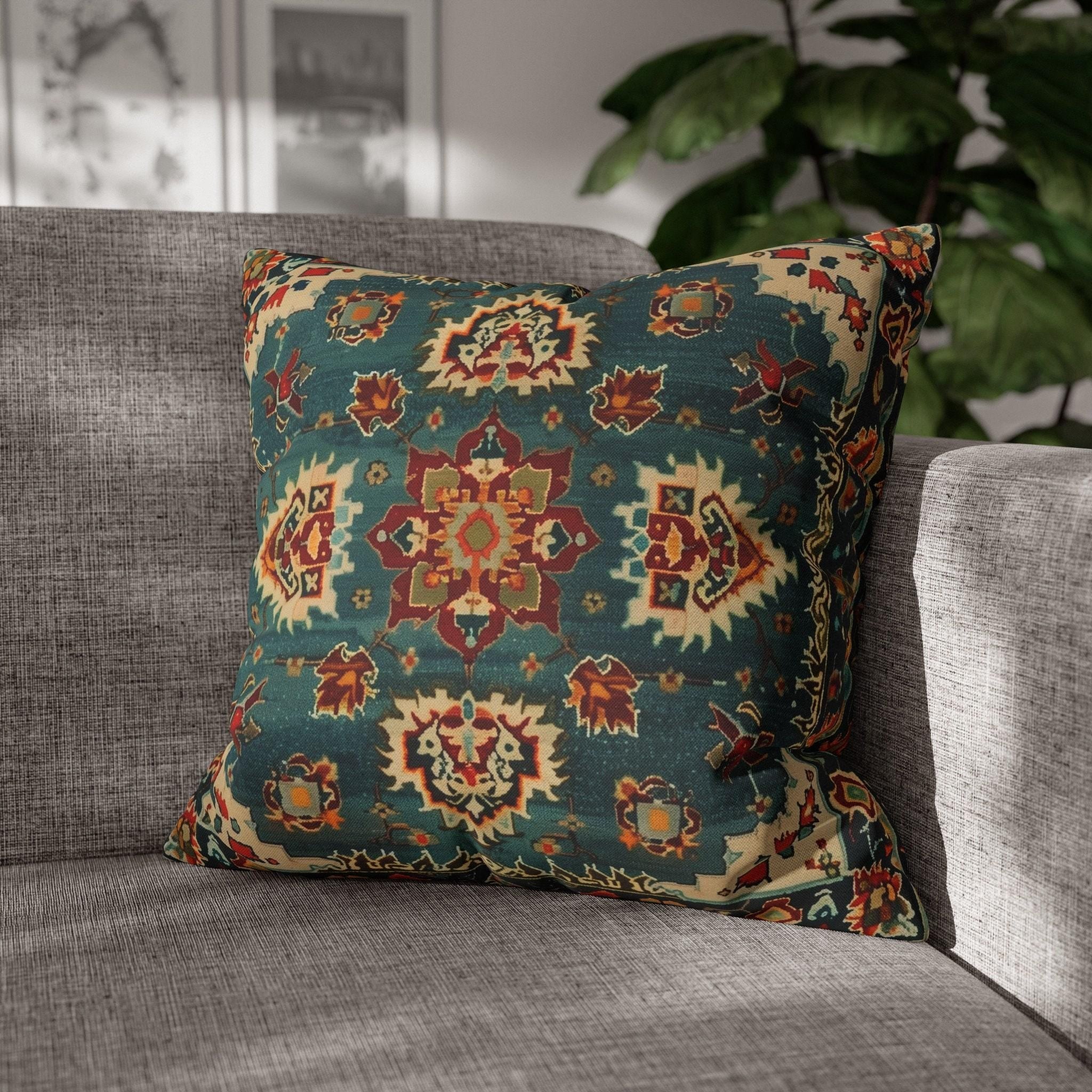 Turkish Rug-Inspired Throw Pillow Cover: Deep Teal & Warm Red Medallion Pattern Square Cushion