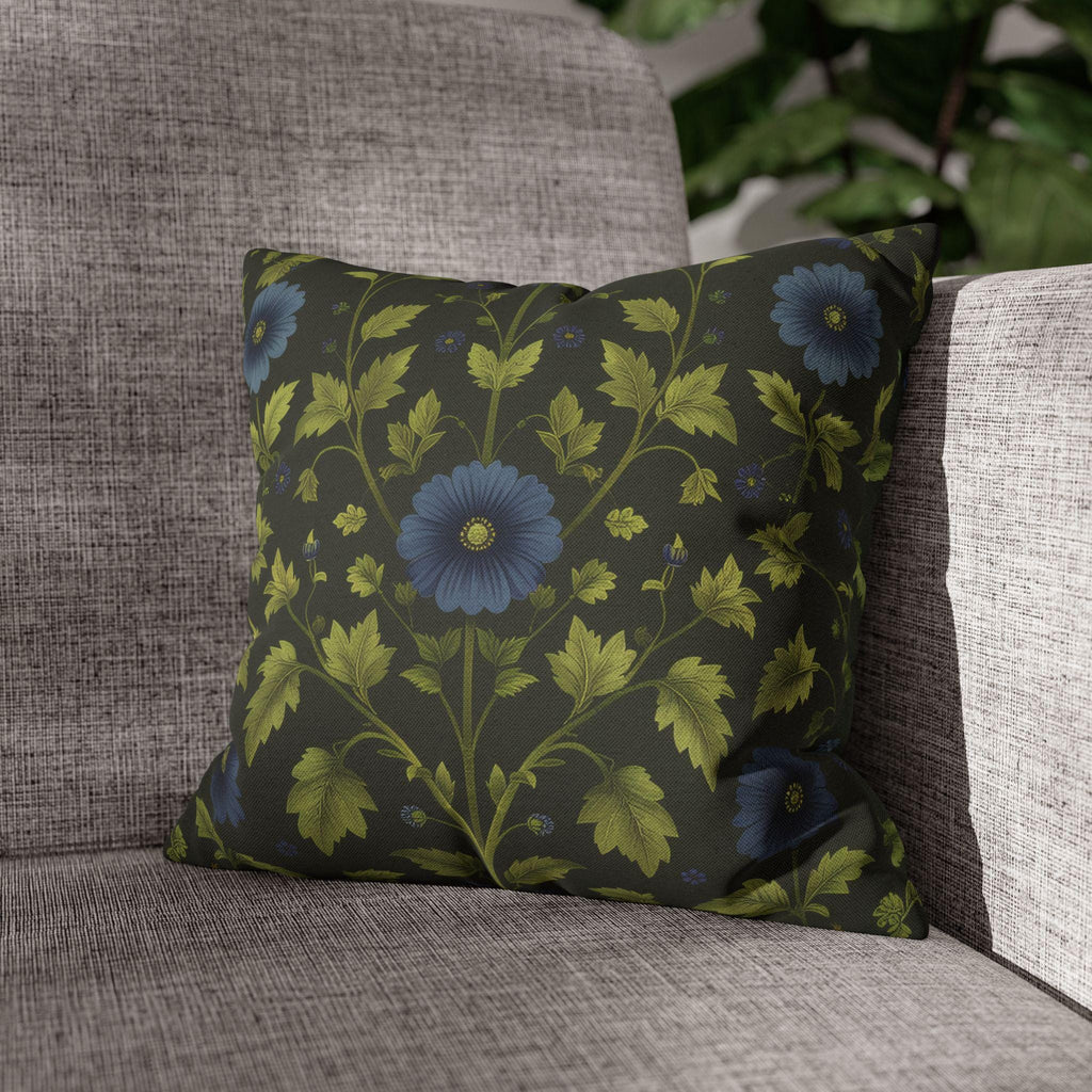 Botanical Pillow Cover: William Morris Inspired Green Cushion with Double-Sided Blue Floral Pattern