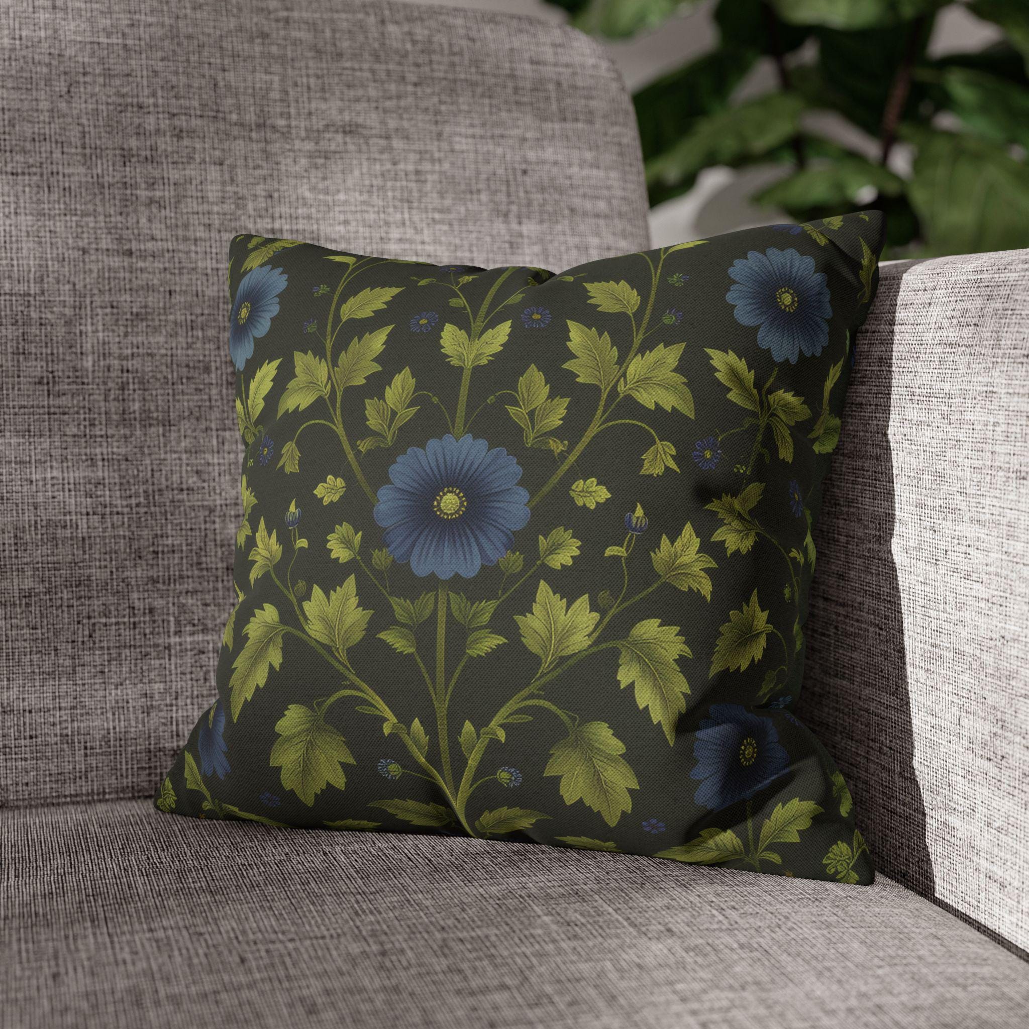 Botanical Pillow Cover: William Morris Inspired Green Cushion with Double-Sided Blue Floral Pattern