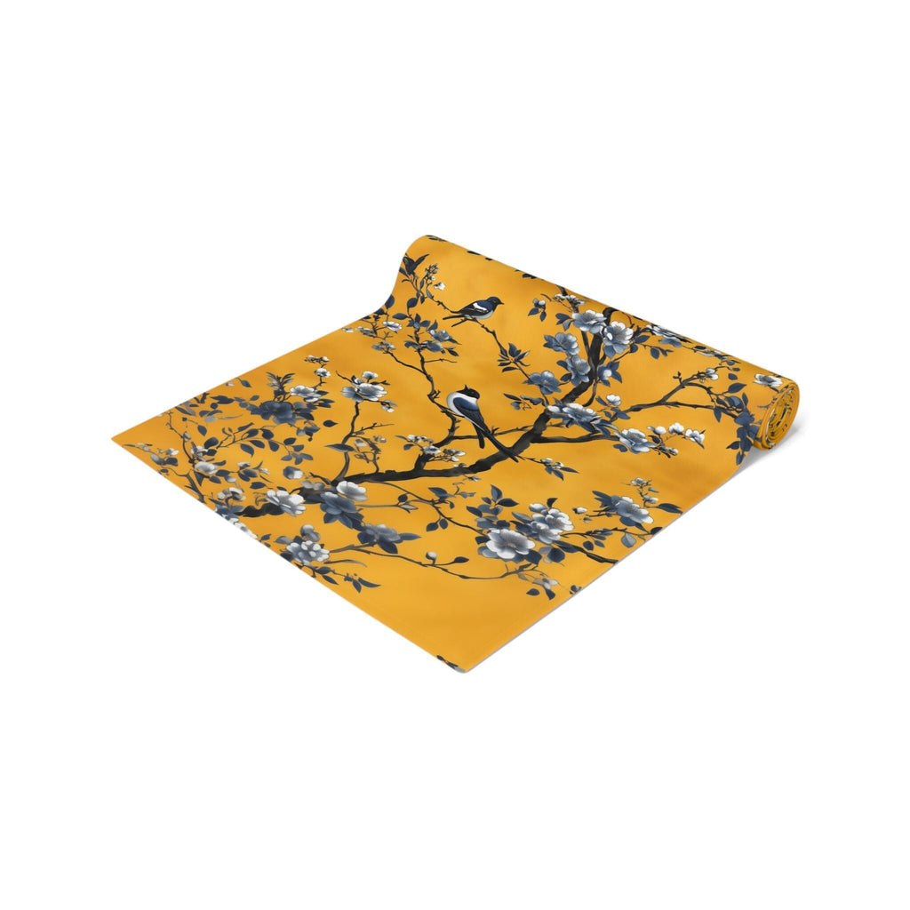 Elegant Chinoiserie Table Runner: Mustard Yellow with Black Birds, Asian-Inspired Dining Decor