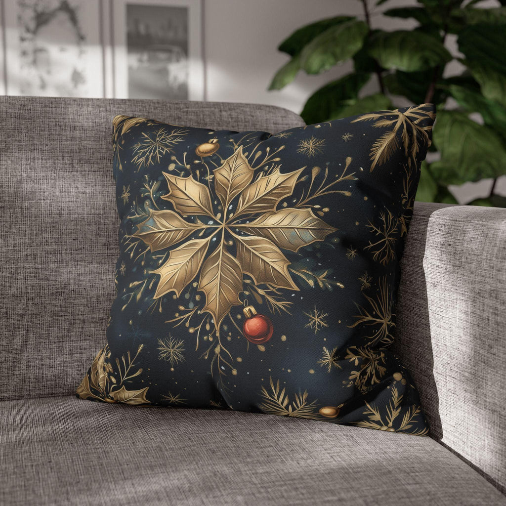 Elegant Poinsettia and Snowflake Pillow Cover | Holiday Decor | Gold Accents on a  Navy Blue Background