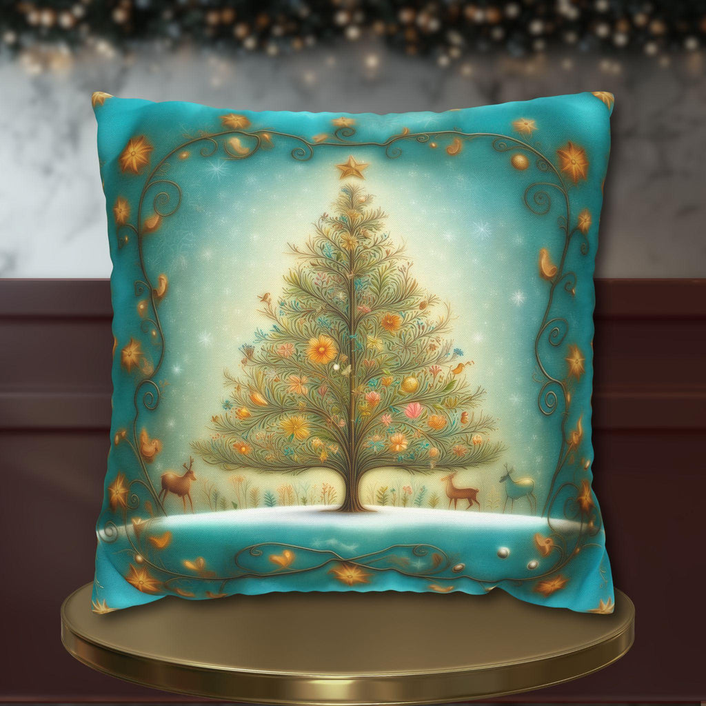 Vintage Style Teal Blue Christmas Tree Pillow Cover: Floral Winter Scene with Gold Accents