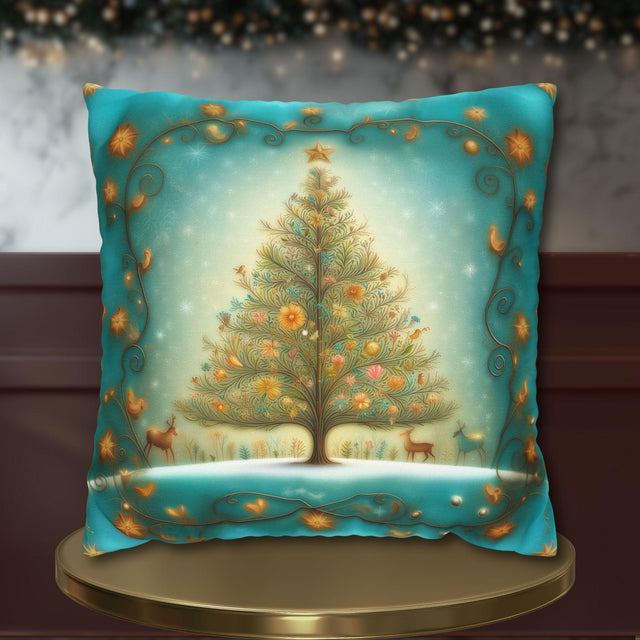 Vintage Style Teal Blue Christmas Tree Pillow Cover: Floral Winter Scene with Gold Accents
