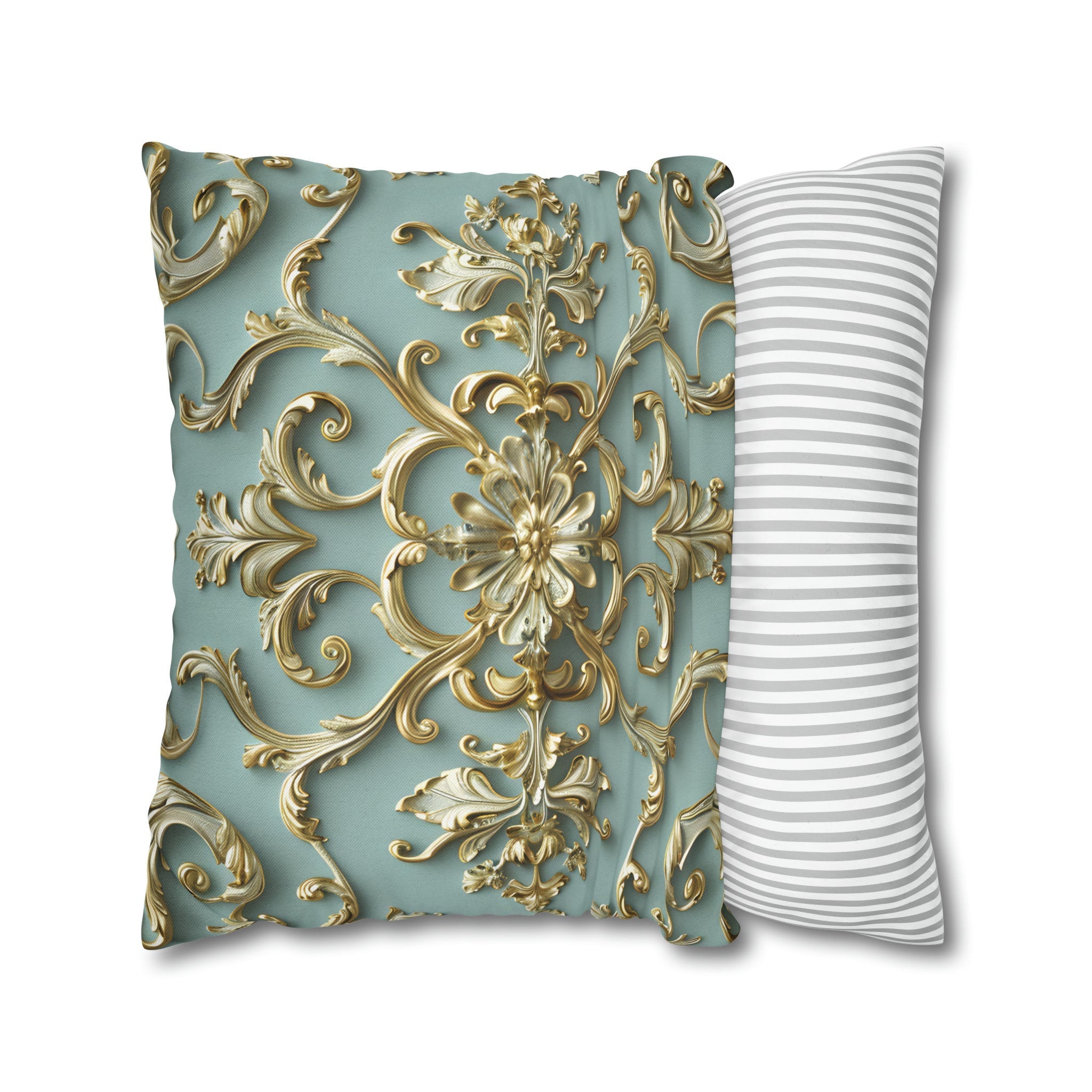 Luxurious Italian Rococo Pillow Cover: Gold Scrollwork on Soft Blue, Classical Ornate Design