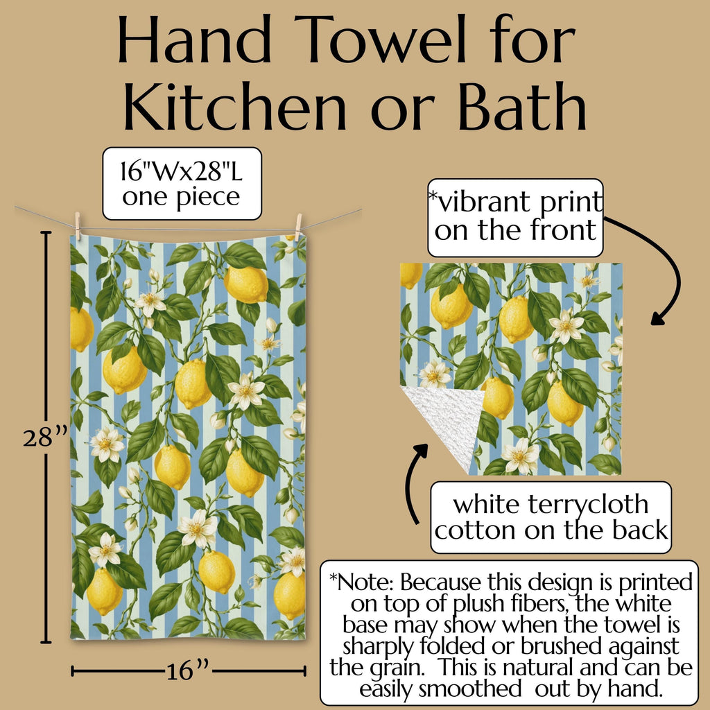 Lemon Soft Blue Stripe Hand Towel: with Green Leaves and White Florals