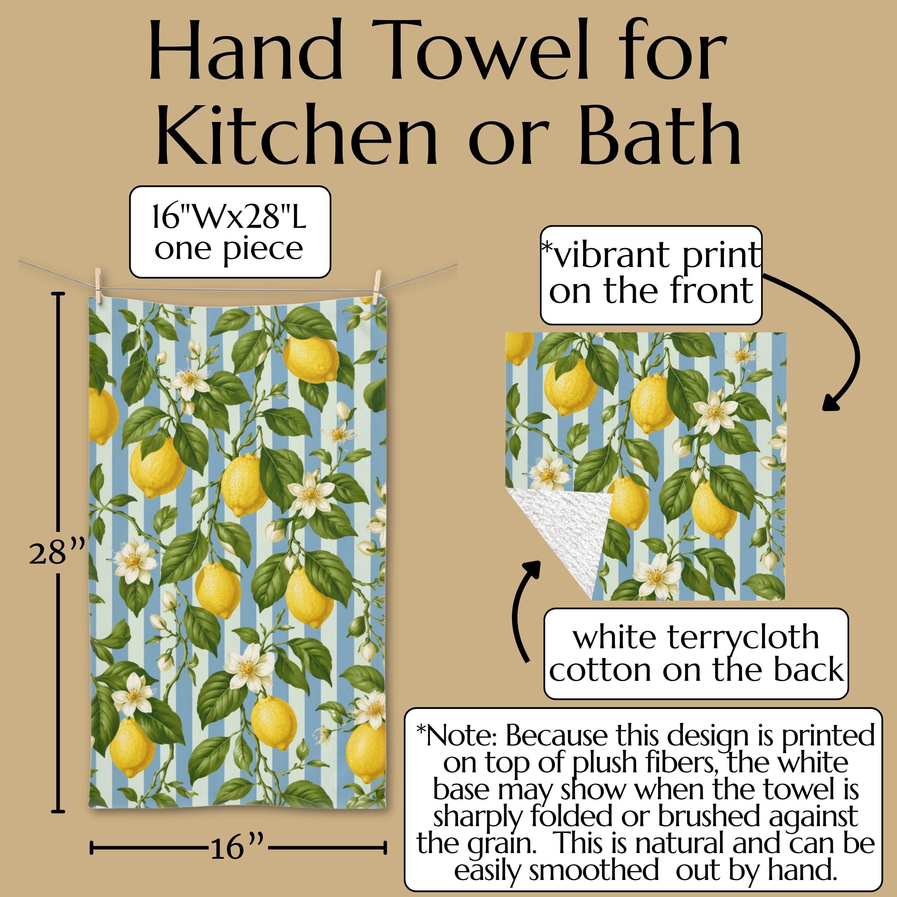 Lemon Soft Blue Stripe Hand Towel: with Green Leaves and White Florals