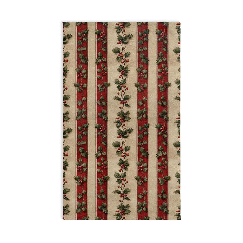 Striped Holly Christmas Hand Towel: Red Green Cream Holiday Botanical Winter Decor