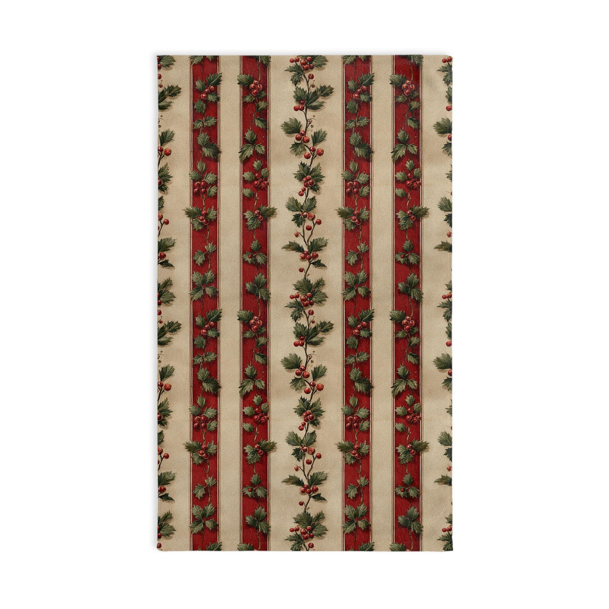 Striped Holly Christmas Hand Towel: Red Green Cream Holiday Botanical Winter Decor