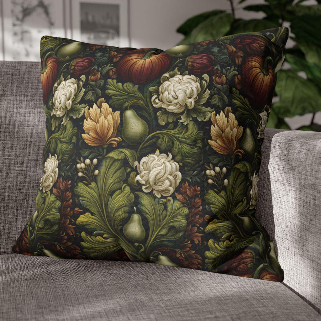 William Morris Inspired Fall Pillow Cover: Pumpkins, Pears, and Ivory Florals on Charcoal