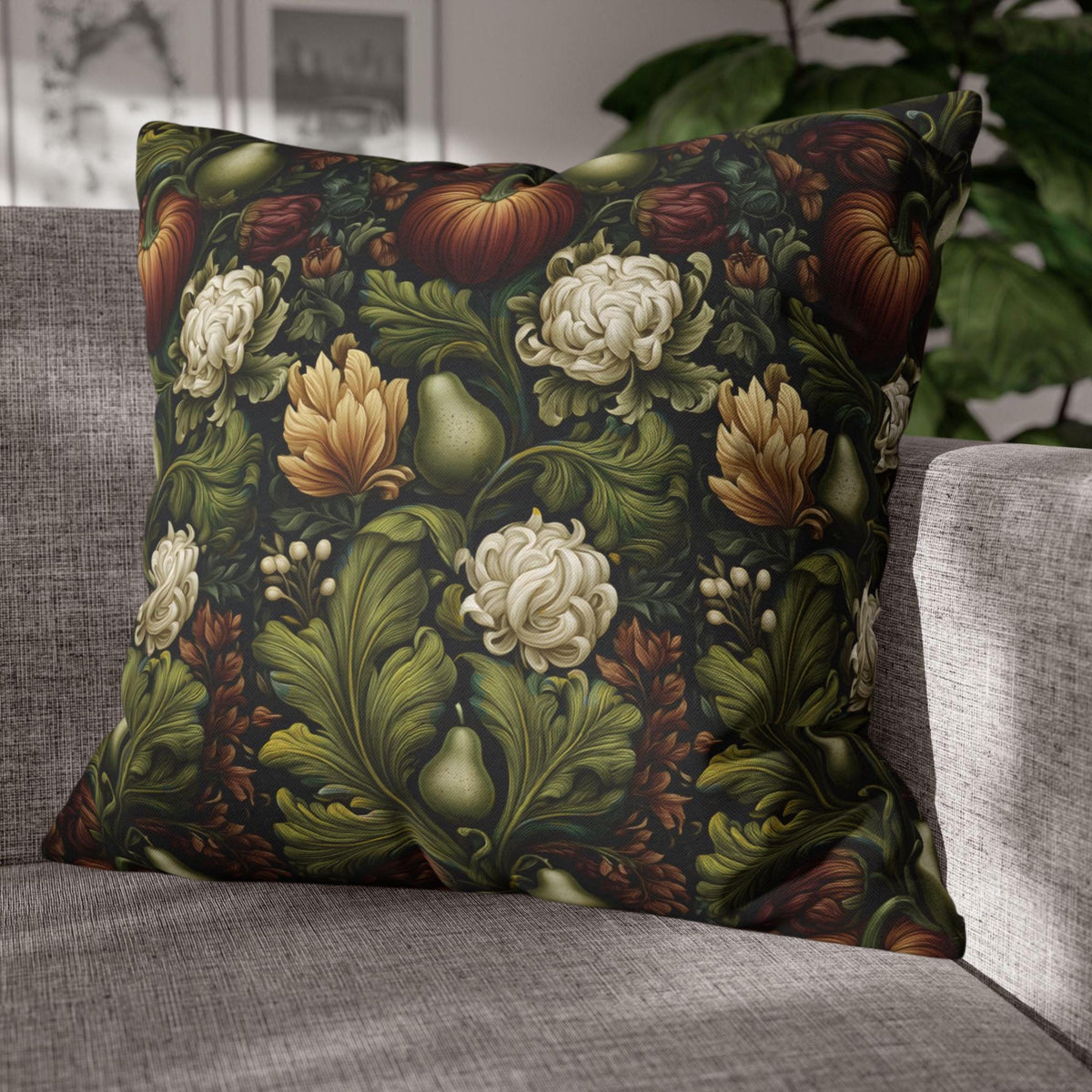 William Morris Inspired Fall Pillow Cover: Pumpkins, Pears, and Ivory Florals on Charcoal