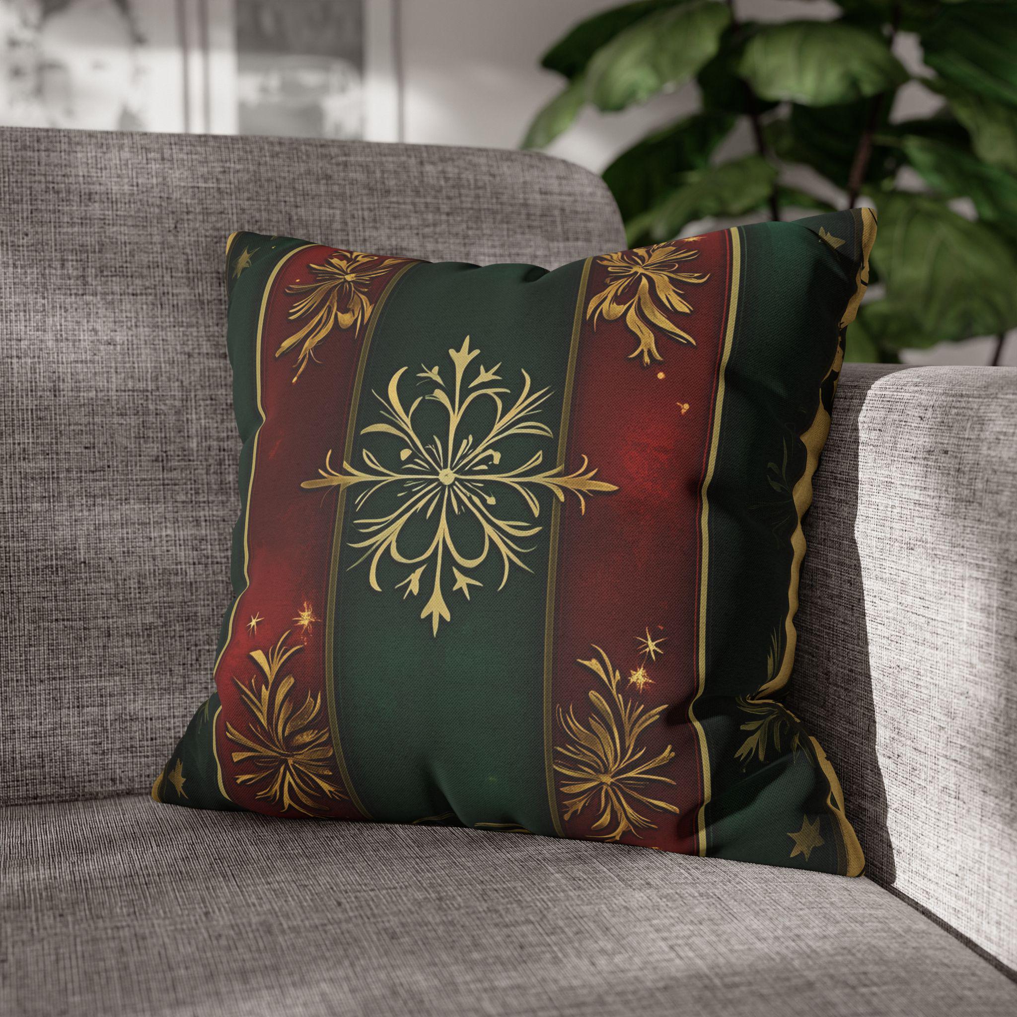 Red and Green Striped Holiday Pillow Cover: Gold Floral Accent