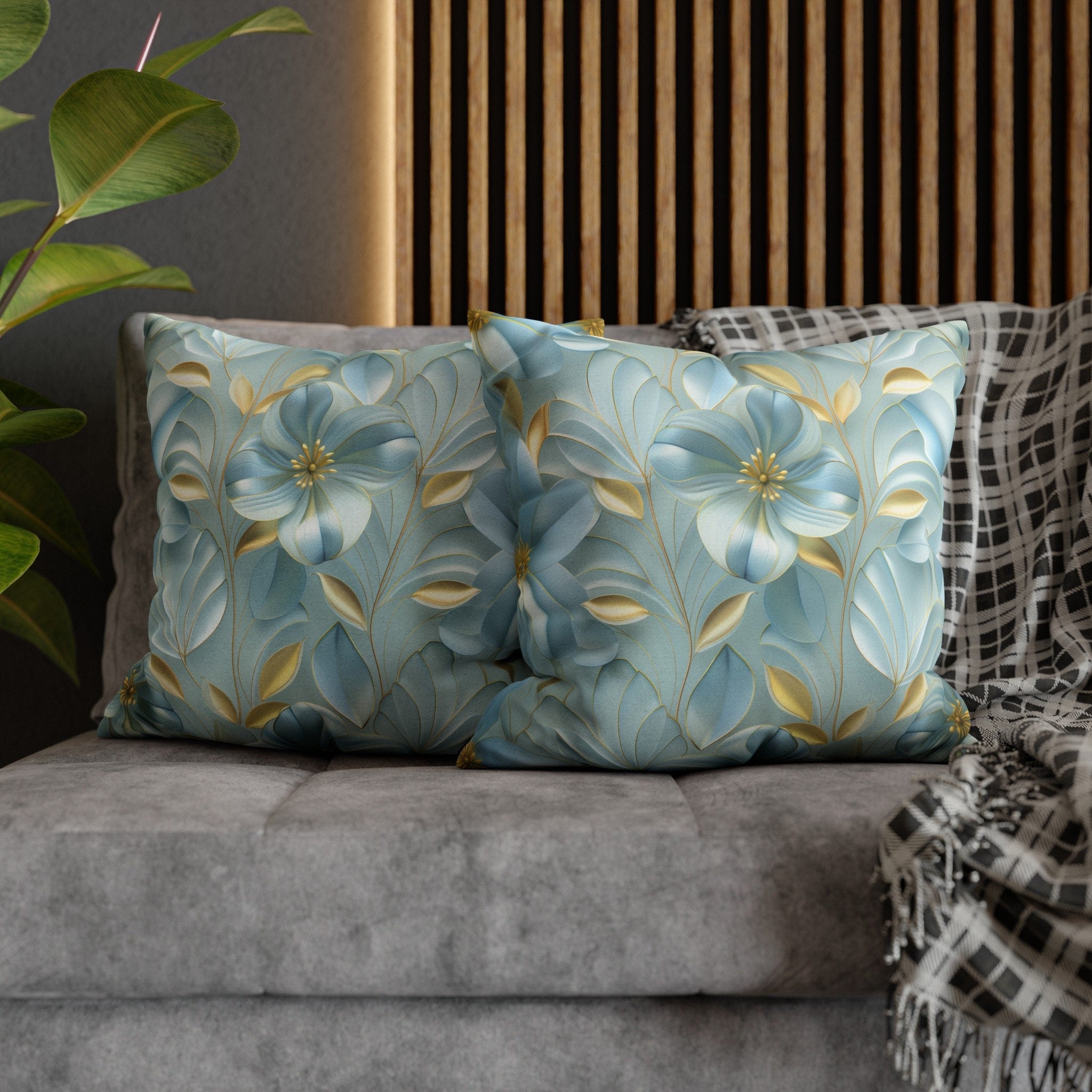 Blue Magnolia Throw Pillow Cover: Gold Leaf Floral Cushion