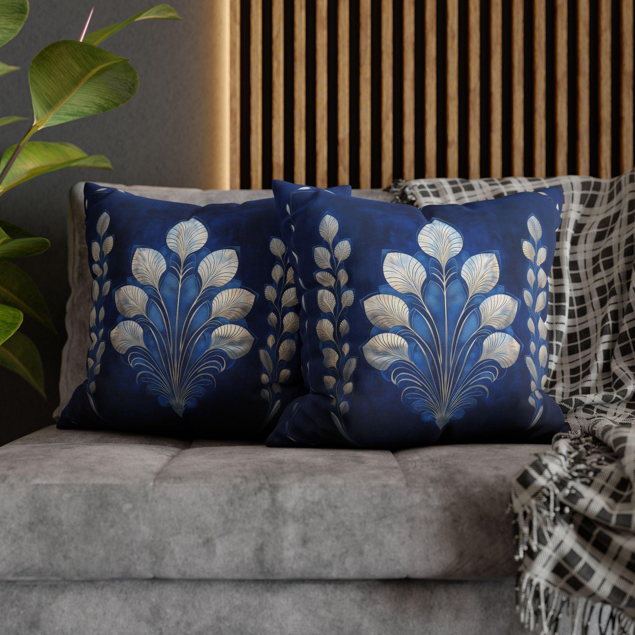 Sapphire Blue Art Deco Pillow Cover: Silver Fan, Hollywood Glam