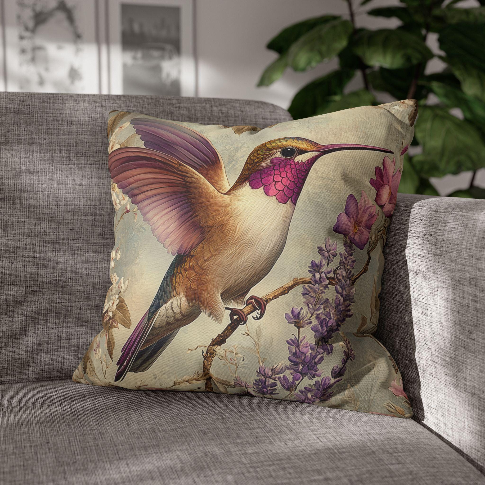 Vintage Style William Morris Inspired Hummingbird Pillow Cover: Elegant Botanical Lavender Bloom Garden Cushion