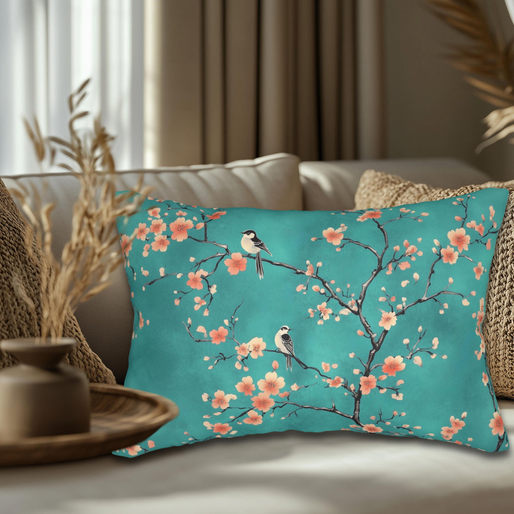 Elegant Chinoiserie Teal Bird Pillow Cover with Coral Blossoms for Nature-Inspired Home Decor
