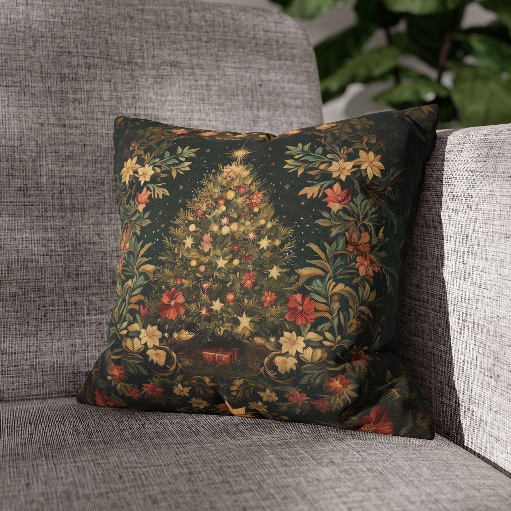 William Morris Christmas Tree Pillow Cover, Deep Green Holiday Decorative Cushion