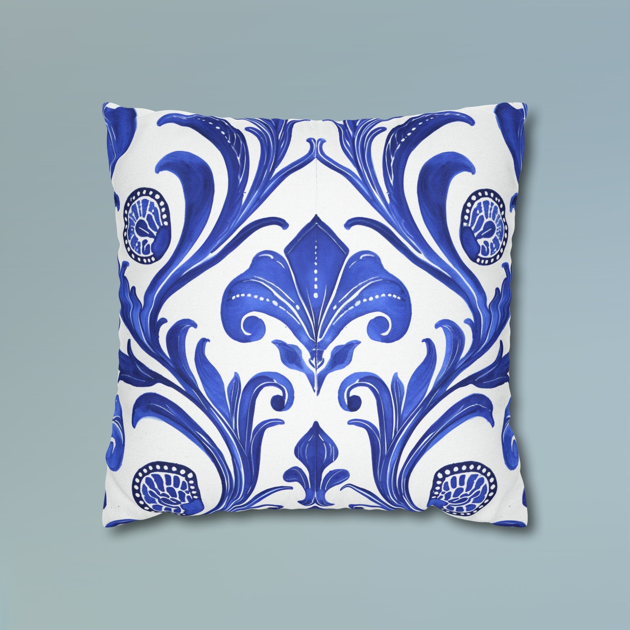 Blue Floral Art Nouveau Pillow Cover, Crisp White Decor