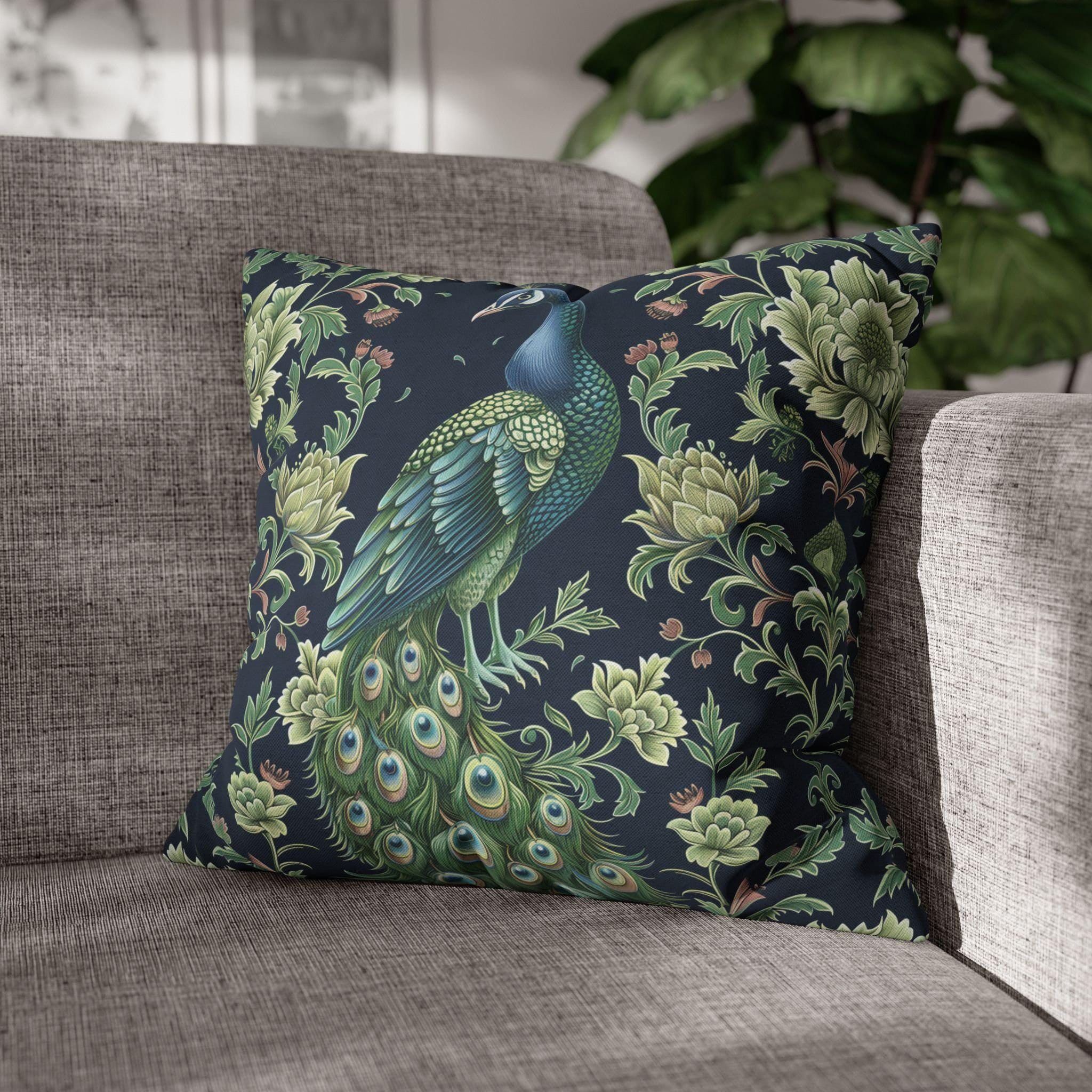 Peacock and Floral Pillow Cover | Elegant Navy Blue Background | Nature-Inspired Home Decor