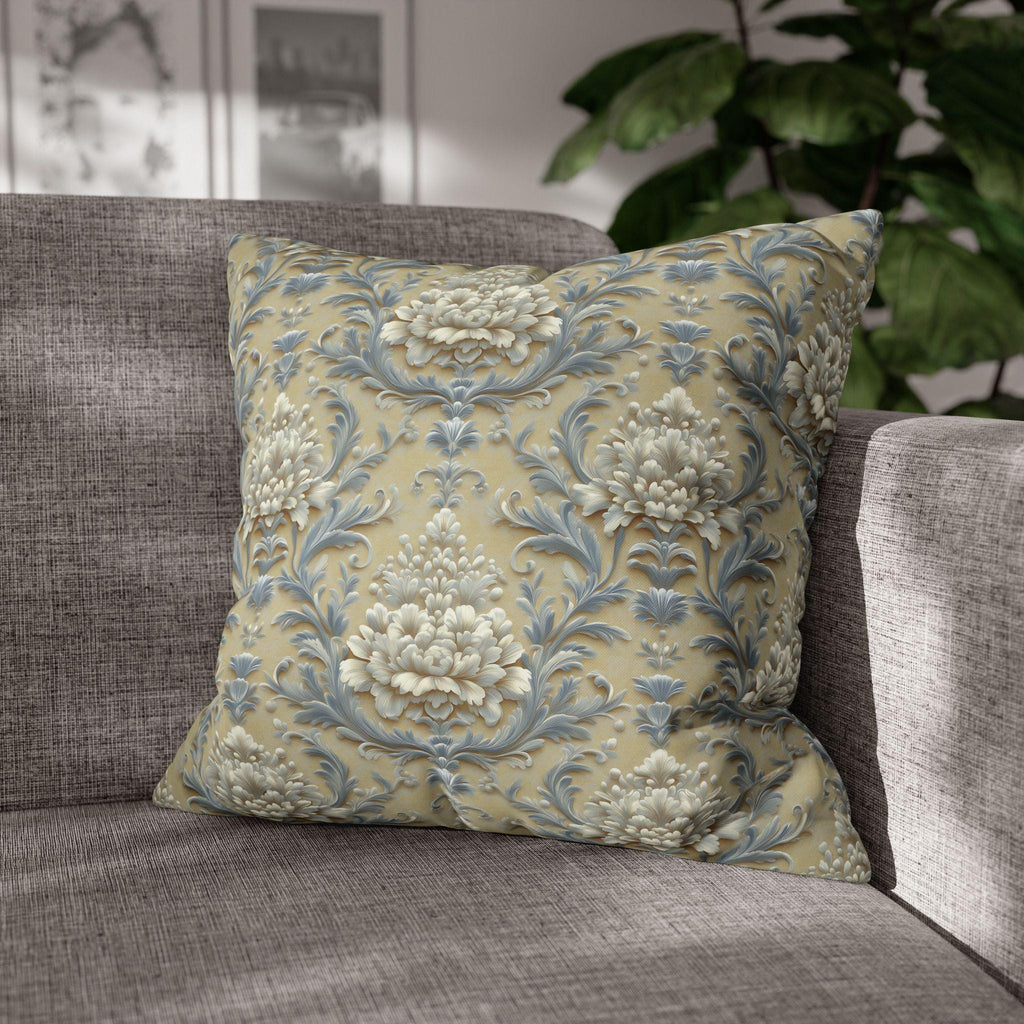 Damask Floral Pillow Cover: Blue & Gold Cushion Case - Classic Decor