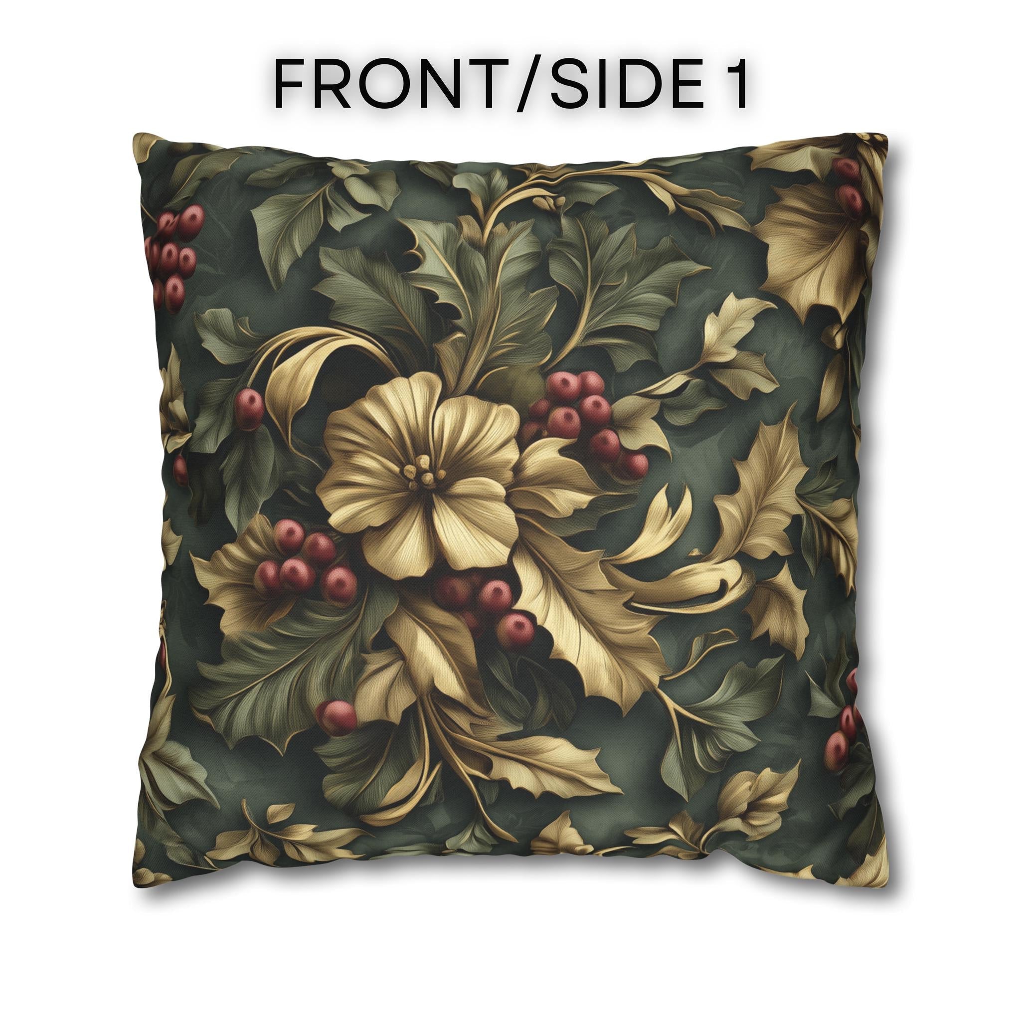 William Morris Inspired Holly & Berries Pillow Cover: Evergreen, Antique Gold, Cranberry